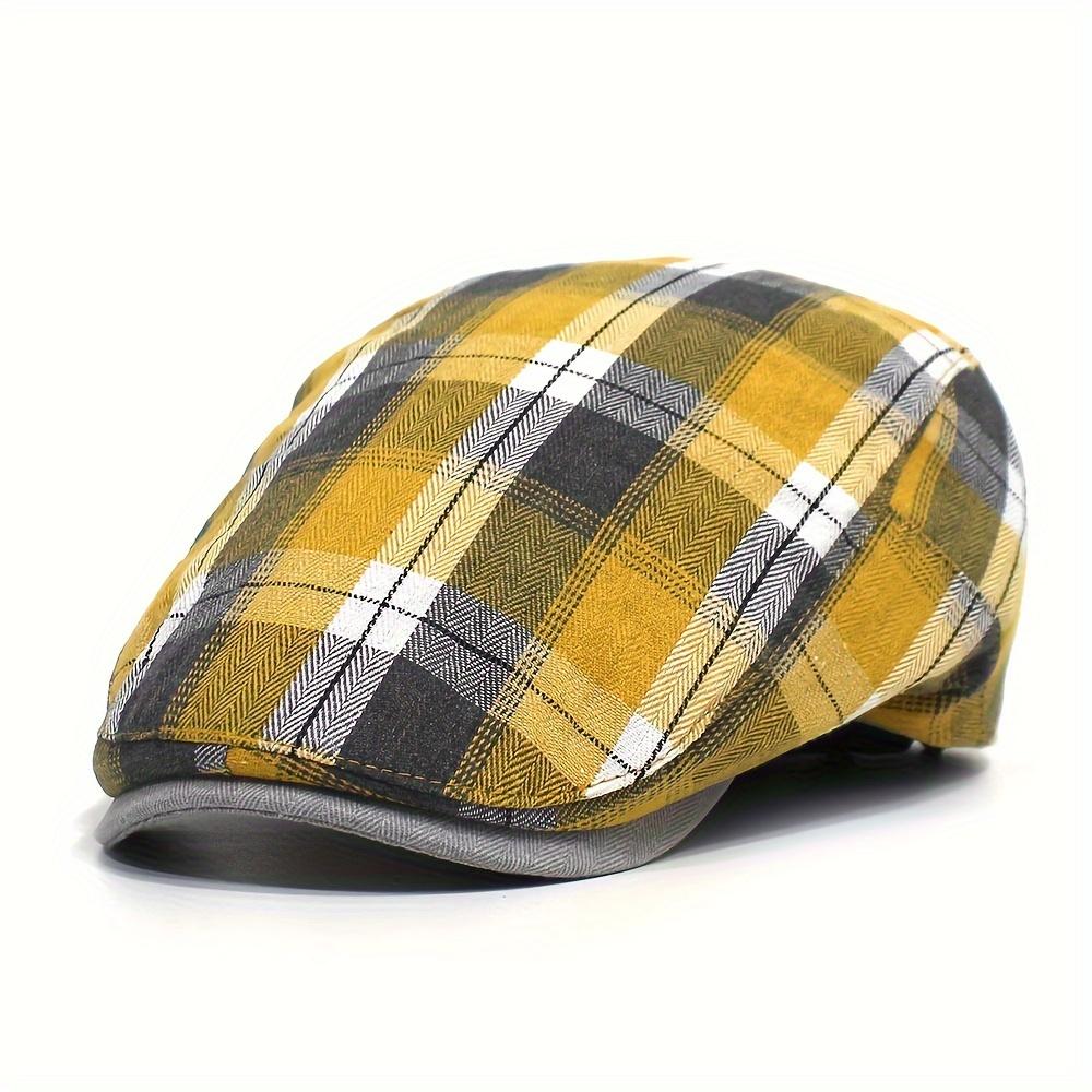Vintage Plaid Beret Hat for Women & Men - Lightweight Summer British Style Casual Cap, Hand Washable, Orange Check Pattern, Beret Ca