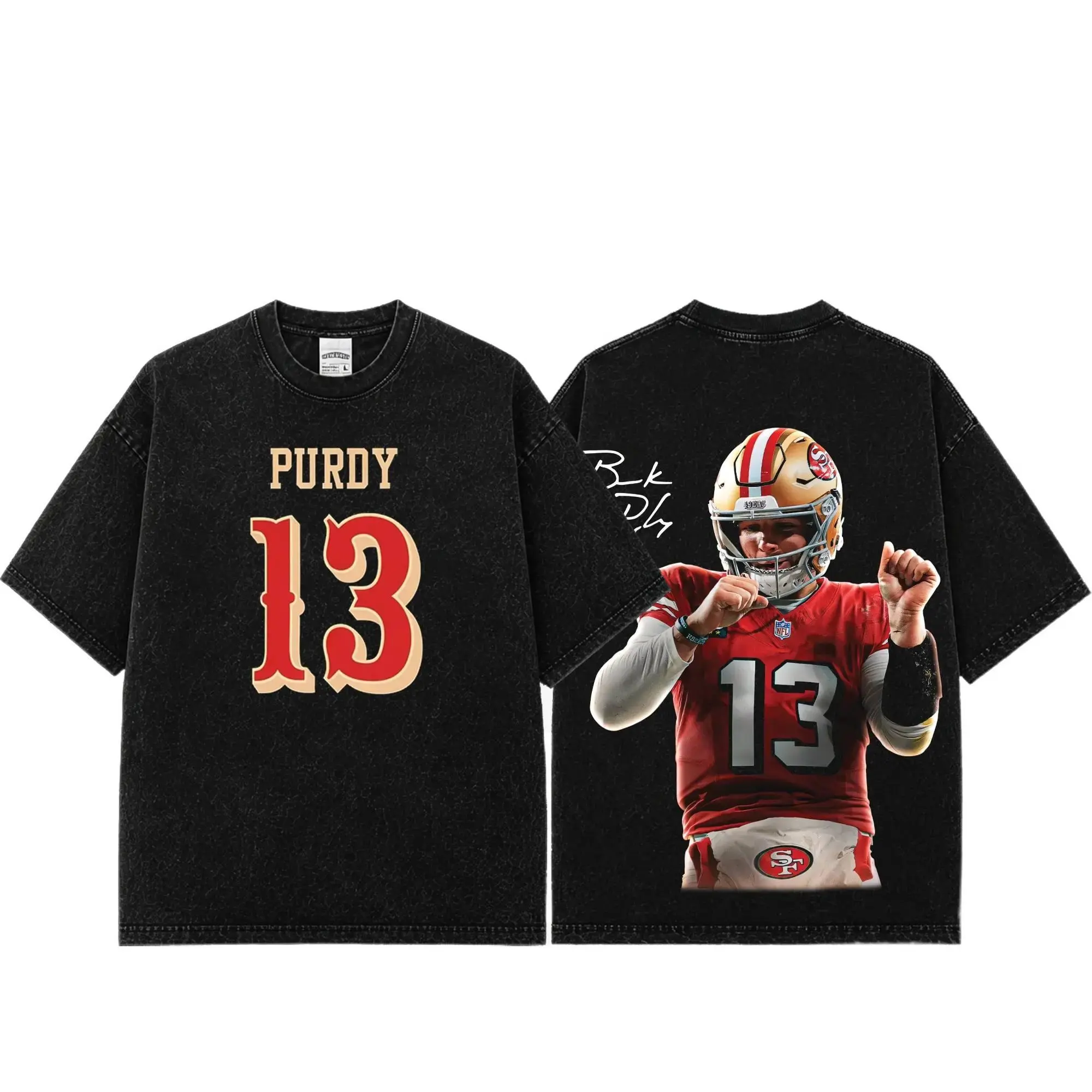 [Sale Up To 50%] Unisex Brock Purdy # 13 Premium Acid Washed Cotton T-Shirt, Bay Area Football Fan Graphic Tee, Vintage Heavyweight Game Day Shirt, Unisex Washed Streetwear Gift