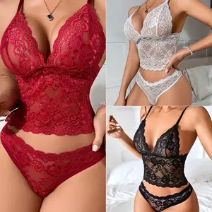 European American Women Sheer Lingerie, Sexy Lace Camisole Split Two Piece Sleepwear Set