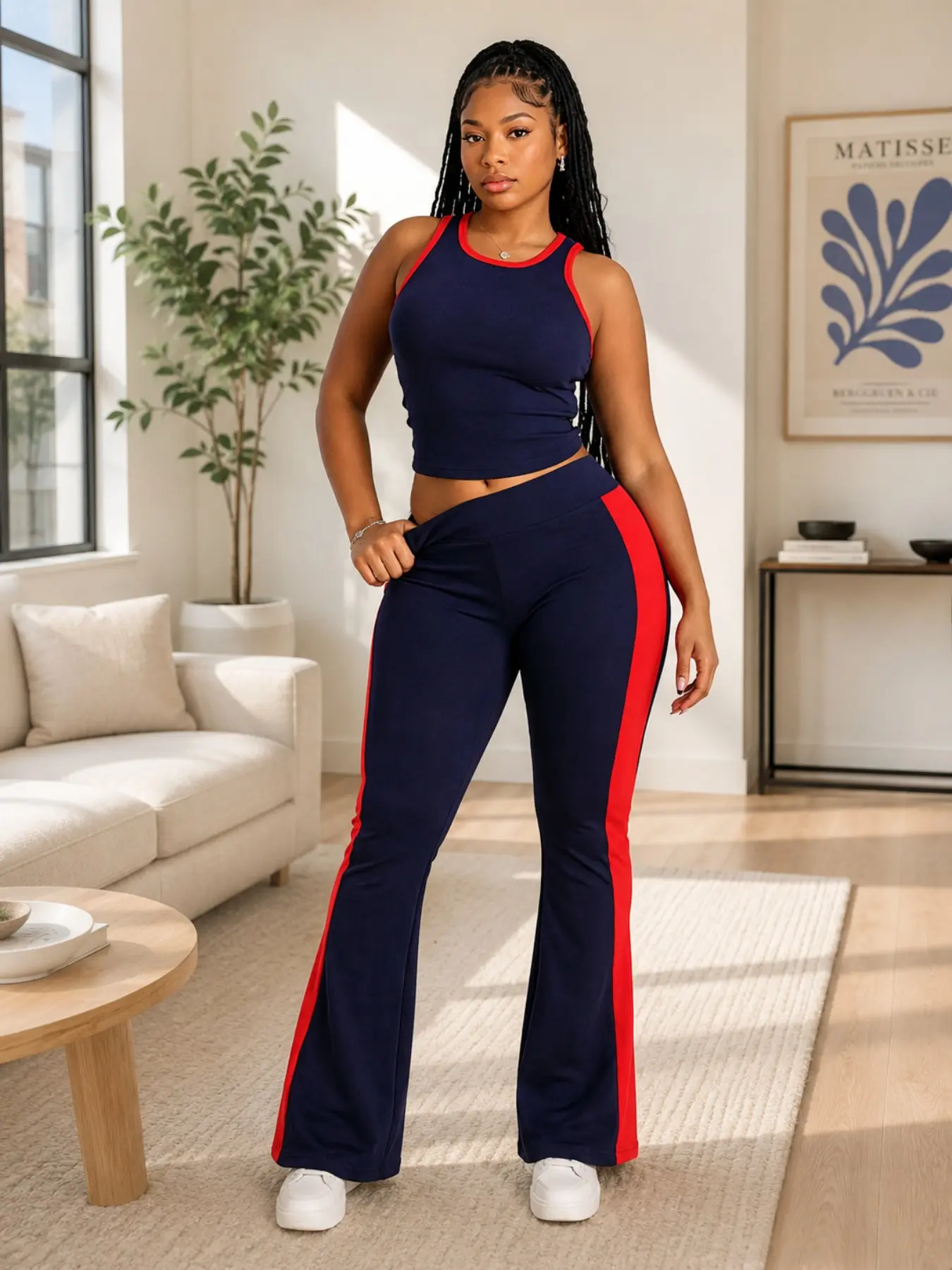 Women's Sporty Tank Top & Striped Bell Bottoms Set, Elastic Comfortable, Slim Fit Casual Streetwear, Summer Spring, Activewear Set