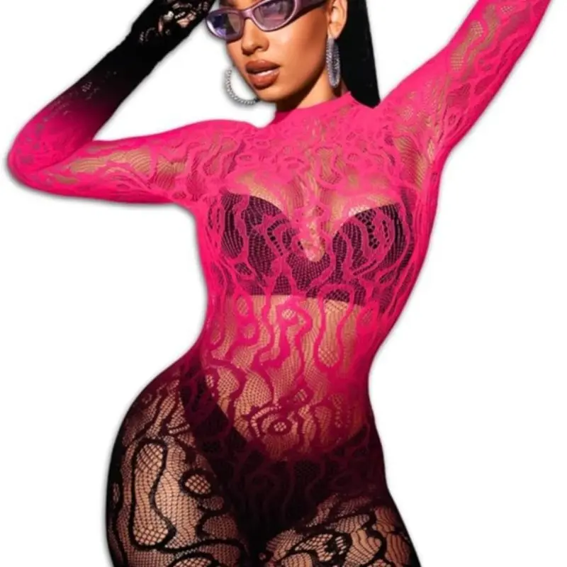Women's Romantic Floral Fishnet Bodysuit, Open Crotch Lingerie with Spaghetti Straps and Bow Accent, Women's Clothes, Sheer Lingerie, Lingerie Outfits