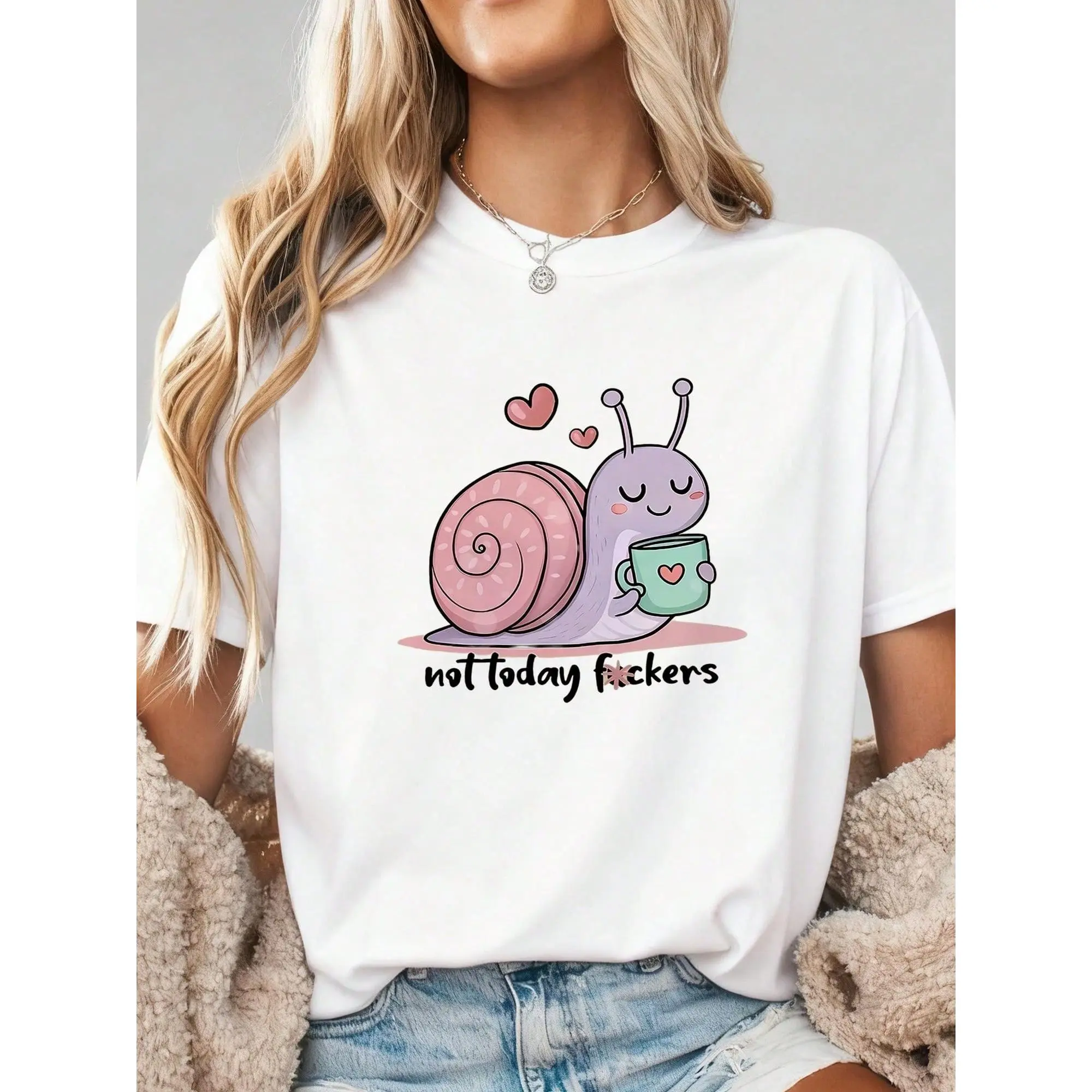 Cotton Women Clothing Women'S Funny Not Today Coffee Snail & Snail Graphic T Shirt Pastel Pink Retro Casual Round Neck Short Slee