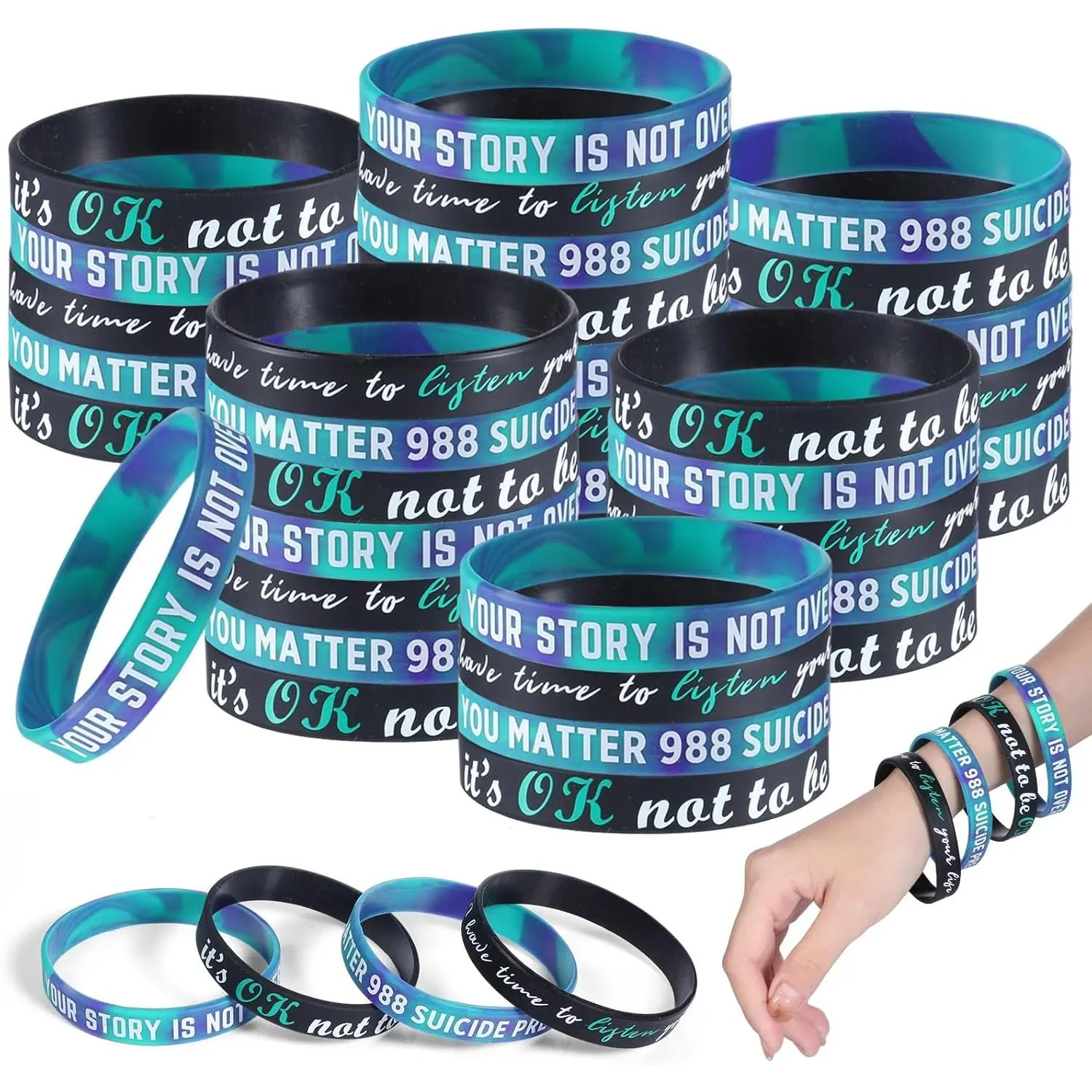 100 count  Prevention Awareness Wristband Bracelets Bulk   Prevention Wristband Unisex Size Stretch Awareness Bracelets for Women Men Teen, 4 Styles