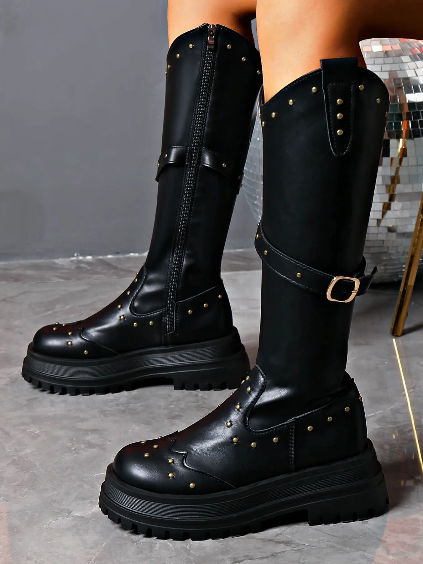 Women's Rivet Decor Western Cowboy Boots, Buckle Platform Mid Heel Knee-High Gothic Boots, Stylish Footwear for Fashionistas, Casual Goth Boots
