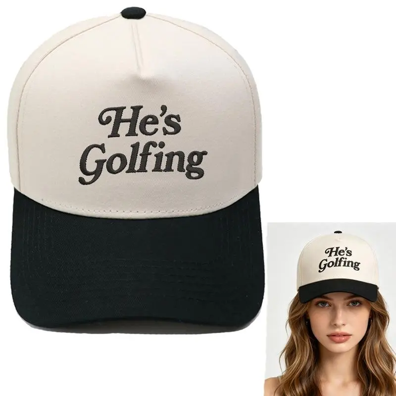 Funny Hes Golfing Embroidered Two Tone Cotton Canvas Baseball Cap Main Character Energy For Women Clean Girl Aesthetic Weekend Hat