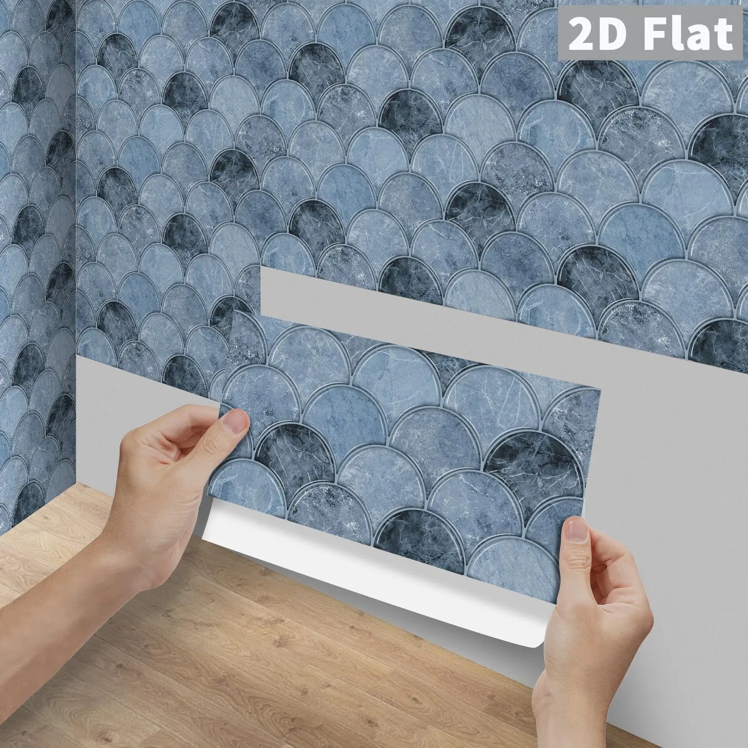 6/12/24/48PCS FG Crystal PVC Peel & Stick Tiles, Blue Grey Marble Scale Fan Long Strip Backsplash, Waterproof Oil-Proof Self-Adhesive Rectangle Decals For Kitchen, Bathroom, Old Tiles & Wood Panels Home Decor