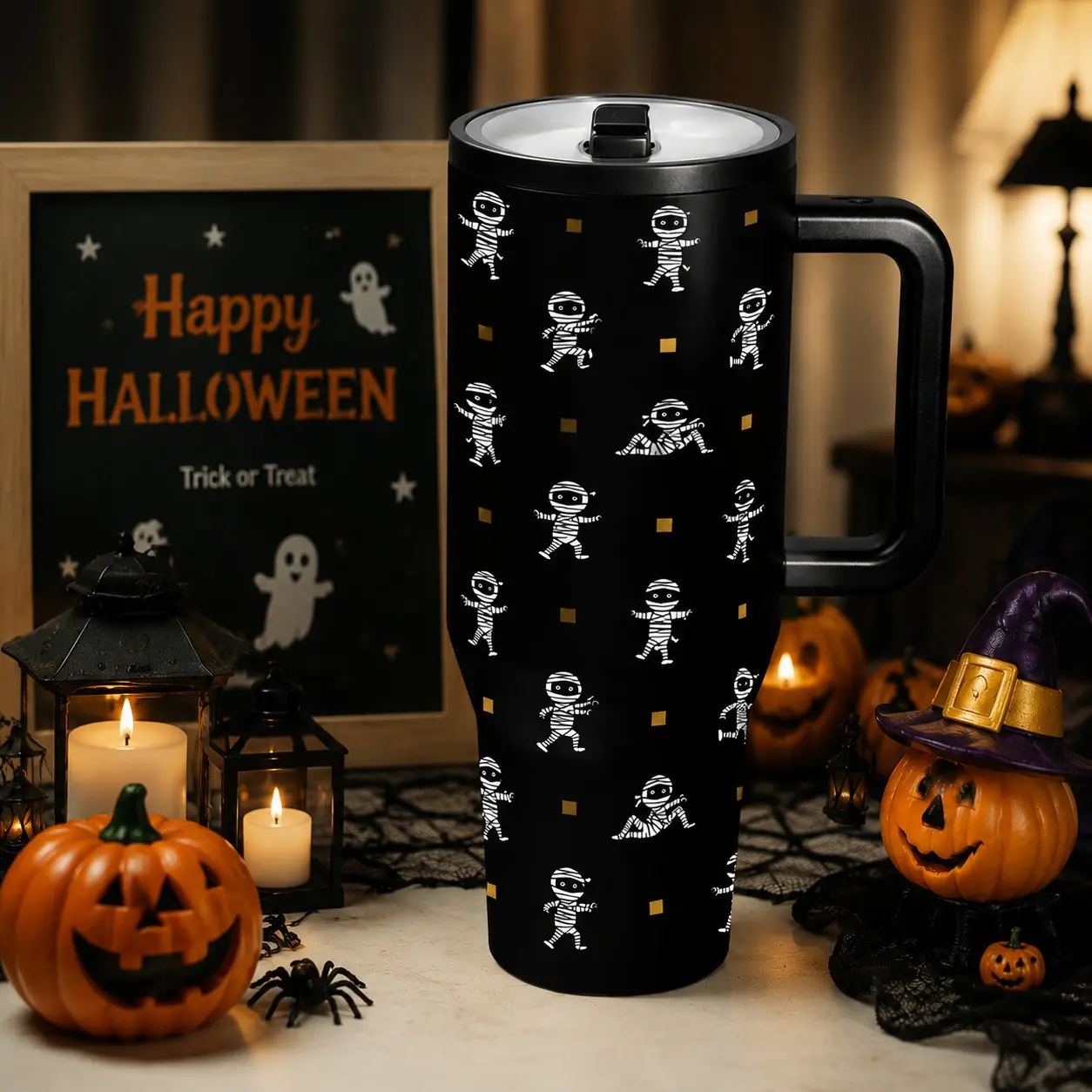 40oz Gothic Mummy Halloween Insulated Cup with Handle and Straw, Dark Fantasy Design, Large Capacity Vacuum Stainless Steel Water Bottle, Perfect for Parties and Daily Use