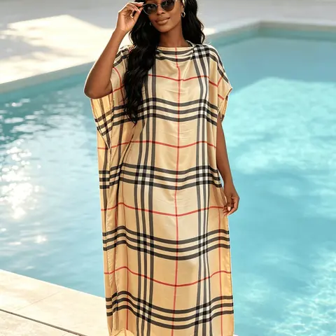 Classic Plaid Kaftan Two Piece Set, Rhino Stone Trim,  Elegant Style, Soft Breathable Material, Ideal for All Seasons, Modest Outfit