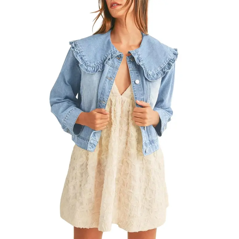 Denim Shacket Button-Up Casual Shirt for Women - Lightweight Soft Denim, Loose-Fit Crop with Peter Pan Collar, Long Sleeves, Pockets; Elegant Evening Layering for Fall, Machine or Hand Wash Cold