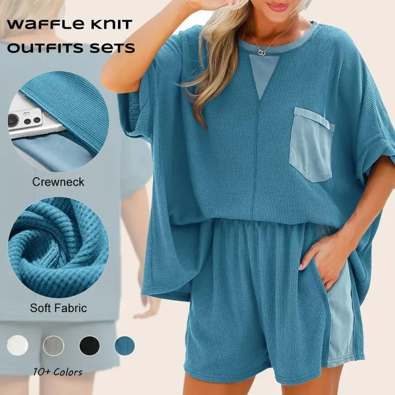 Imily Bela Womens Summer Waffle Knit 2 Piece Outfits Oversized T Shirt Casual Shorts Loungwear Short Sets