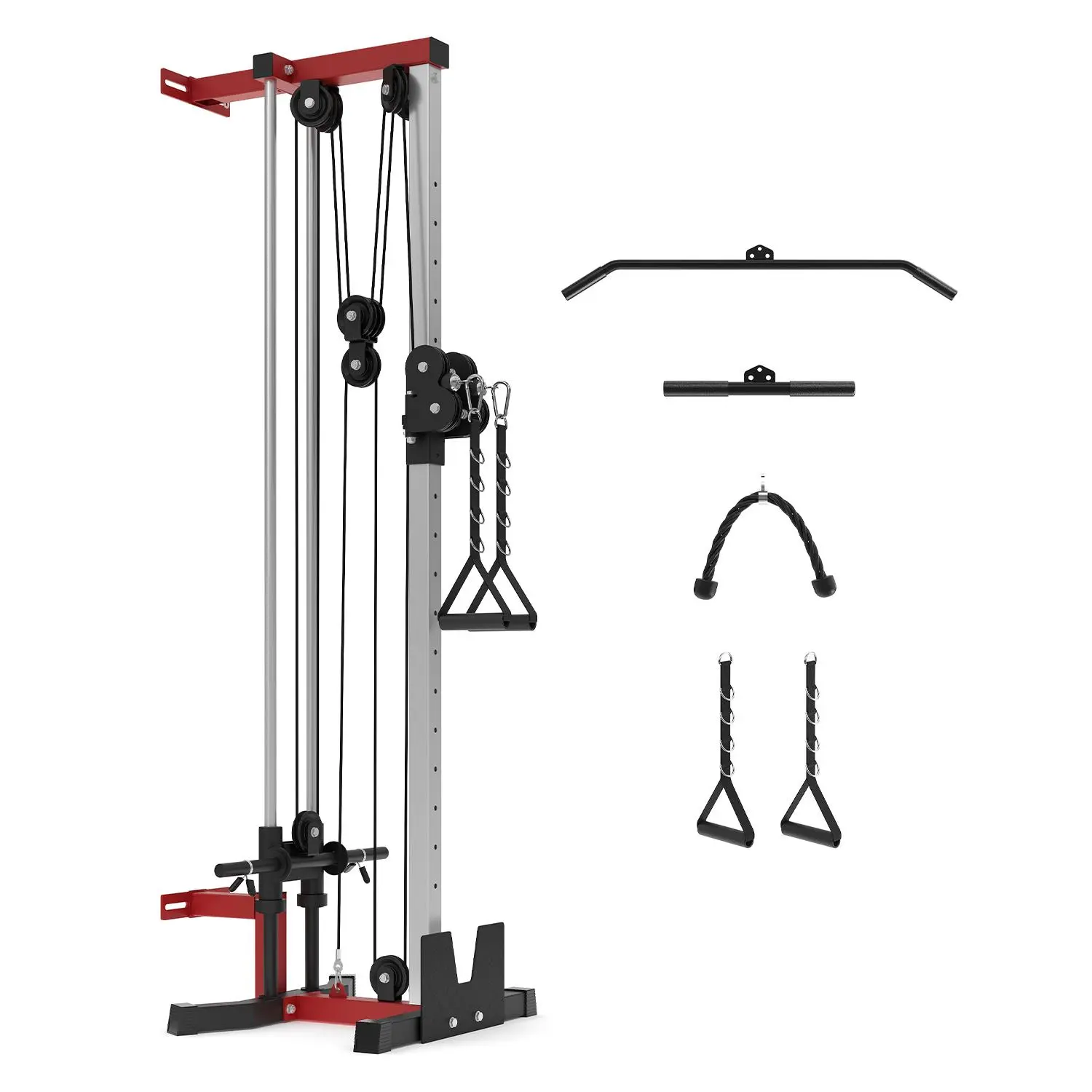 Wall Mount Cable Machine – Dual Pulley Cable Crossover Machine with 19 Adjustable Positions, T-Bar, Tricep Rope, LAT Pulldown Bar & Foot Board for Home Gym Strength Training