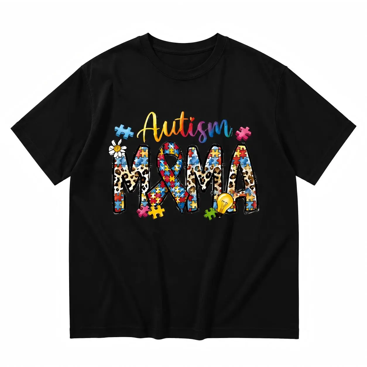 Women's Autism Mama Relaxed Graphic Sports Top - Skin-Friendly, Casual Round Neck Short Sleeve Shirt with Puzzle Print Ribbon for Awareness, All Seasons, Cold Wash Compatible