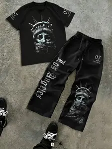 Men's Casual Streetwear Set, Gothic Graphic Letter T-Shirt & Loose Drawstring Pants, Trendy for Daily Wear, Hip Hop Style Clothing