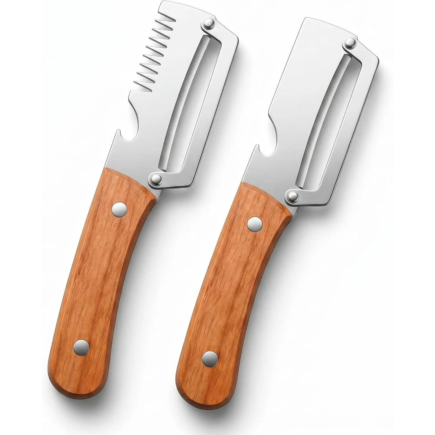 2Pcs Wooden Handle Vegetable Peelers - Odor-Free Stainless Steel Multi-Functional Tools, 2-in-1 & 3-in-1 Designs with Scallion Shredder, Bottle Opener for Kitchen Cooking & Camping