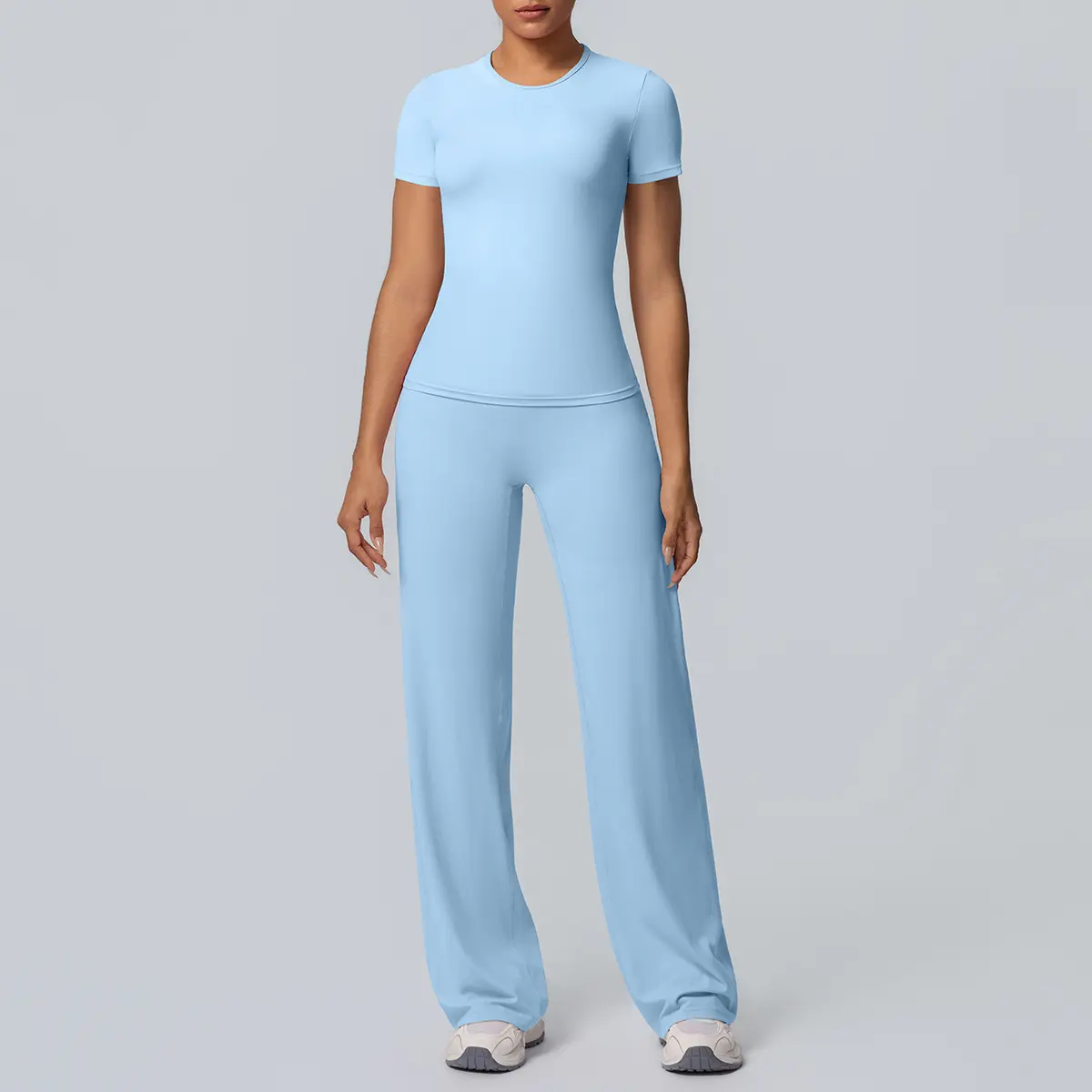 Women Nude Soft Skin-Friendly Yoga Set, Stretch Short Sleeve Top High Waist Draped Straight Leg Pants 2 Piece Workout Outfit