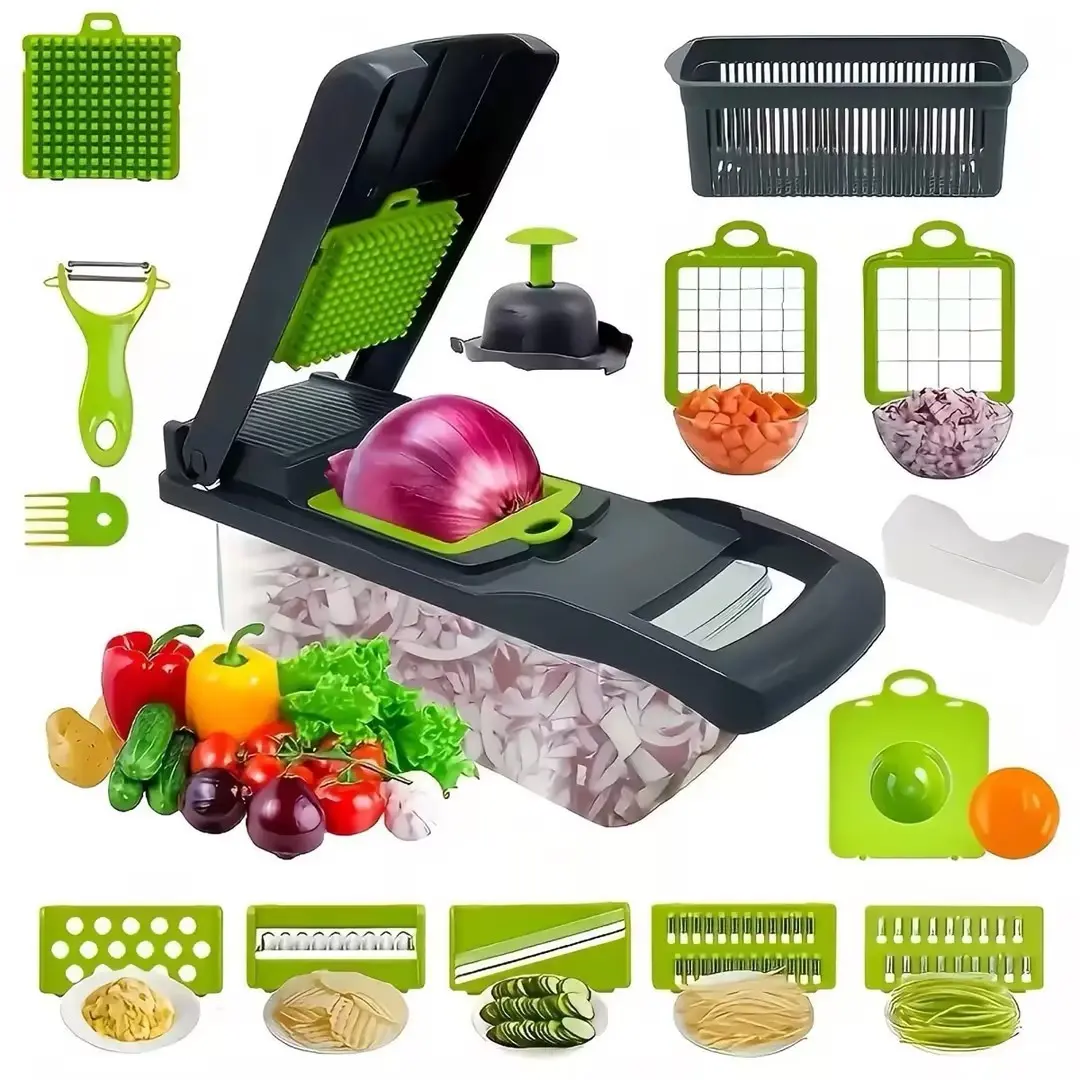 16-in-1 multifunctional food chopper, vegetable dicing and slicing machine, onion chopper, cheese cutting blocker, grater with storage box and hand guard, filter basket, kitchen small tools, Household Manual Shredding & Dicing Cutter