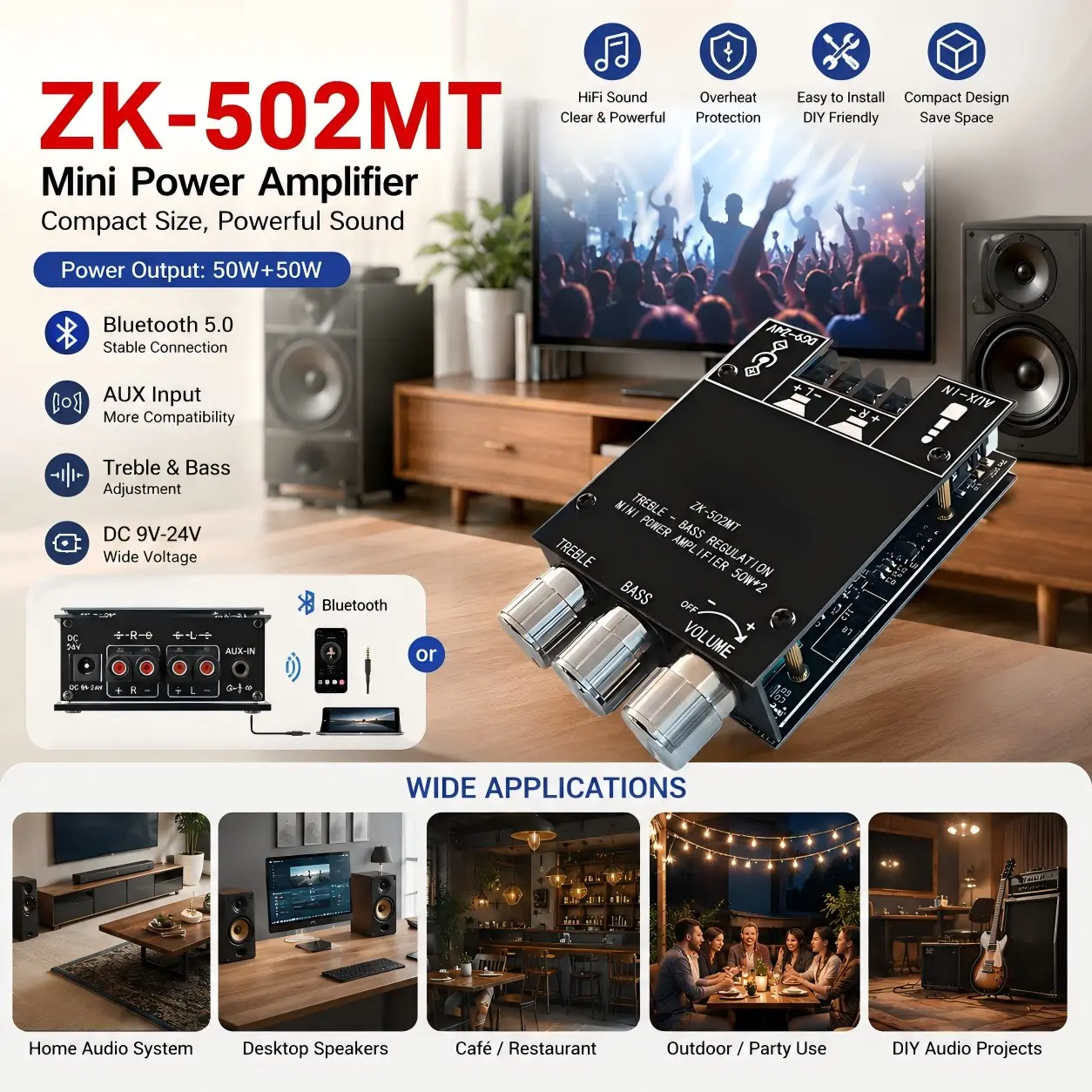 2.1-channel audio receiver power amplifier module, 2.1-channel Bluetooth-compatible audio amplifier module, 50W*2+100W BT amplifier module, Stereo Amplifier Module