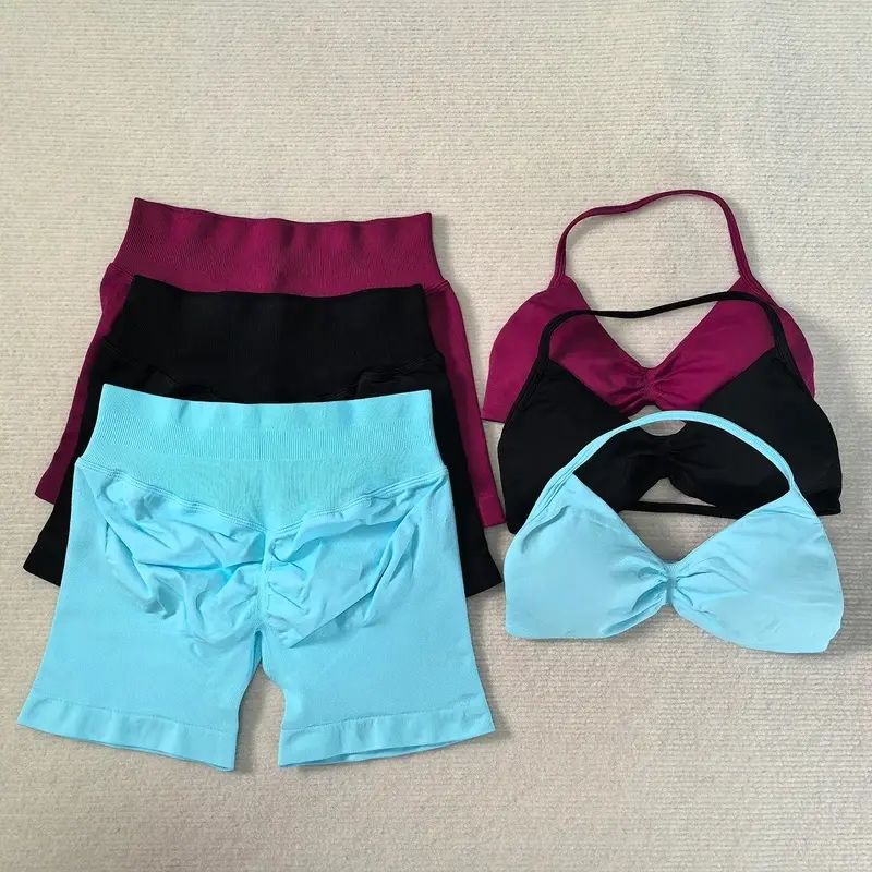 Women's Gym Sets, 2-Piece Strappy Halter Backless Bra with Push Up Pad & Scrunch Butt Quick Dry Sports Shorts Gym Crop Tops, Women's Gym Wear