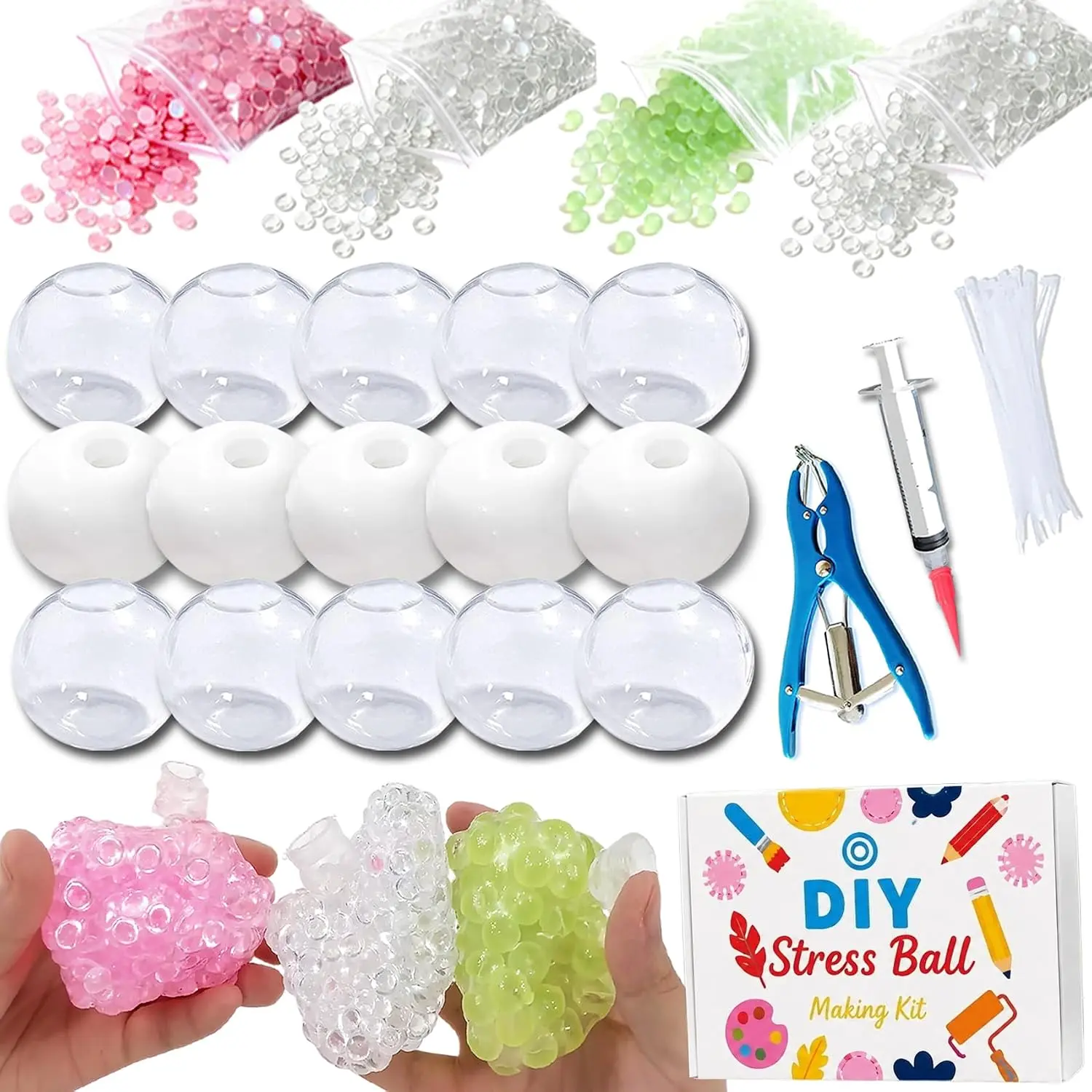 DIY Stress Ball Making Kit, Squishy Maker Kit with 15 TPR Ball Skins, 14.2 oz Fillers, Air Pump, Vacuum Tool & 20 Cable Ties, Make Your Own Squishies, DIY Squishy Kit for ASMR Anxiety Relief Toys