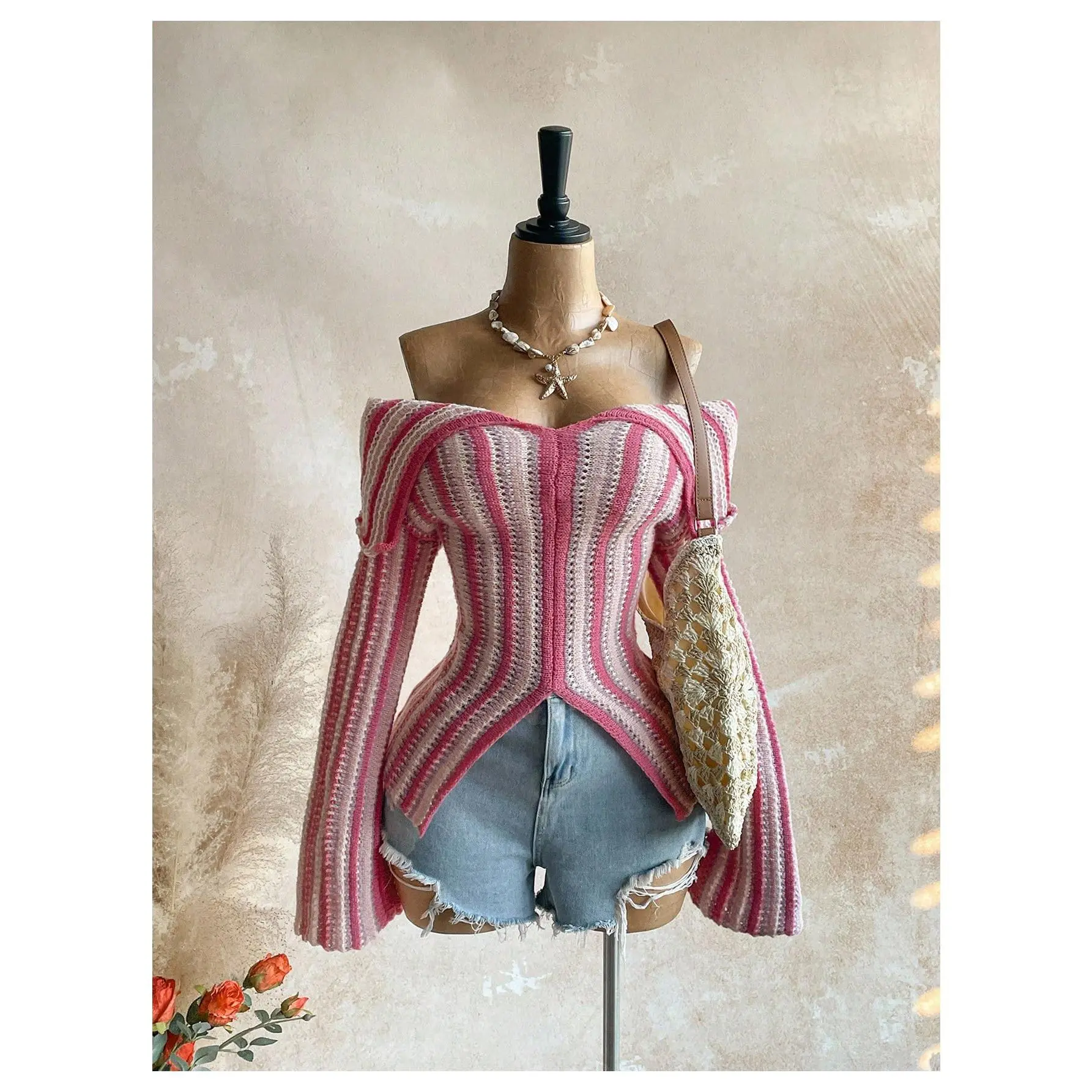 Striped Off The Shoulder Sweater Crochet Long Sleeve Slit Hem Knit Tops
