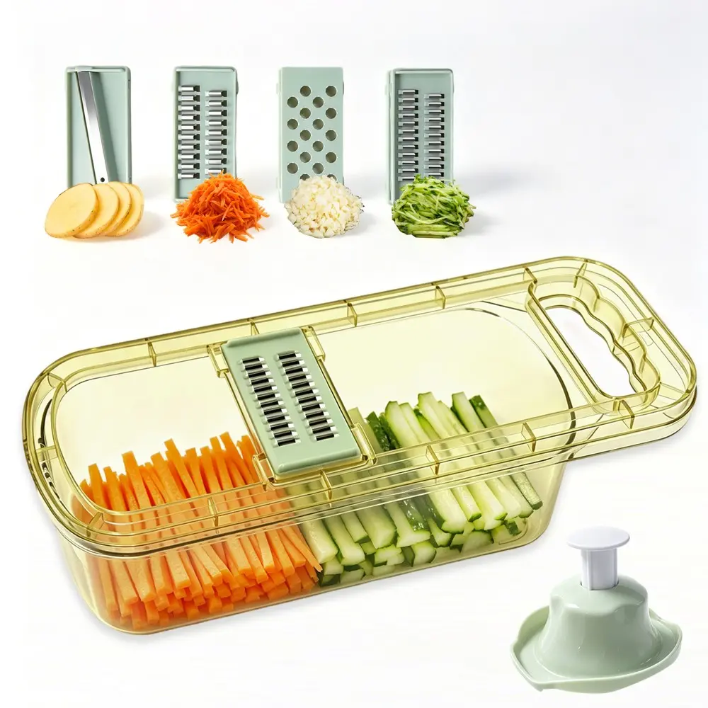 Mandoline Vegetable Slicer Cheese Grater with Container & Drain Basket 4 Interchangeable Stainless Steel Blades Julienne Shredder with Safety Hand Guard for Meal Prep Salad