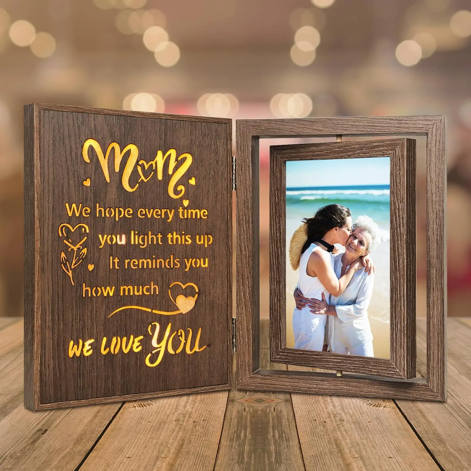 EYITUPC Light Up Mom Picture Frame - Vintage Wooden Rotating Double-Sided Frame for 2 4x6 Photos, Rustic Home Decor Gift for Mom to Light Up Your Space from Daughter or Son, Room Decor