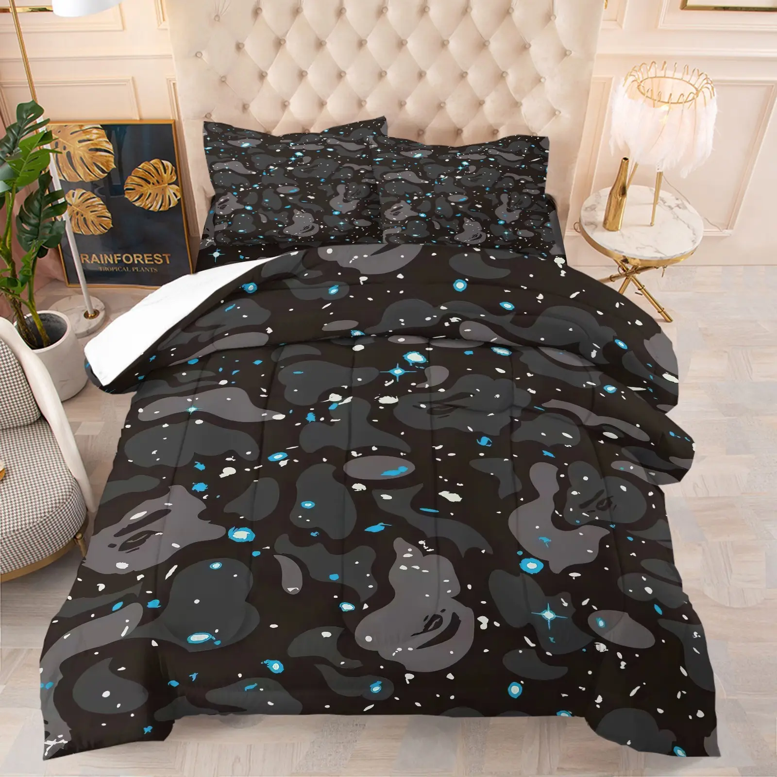 Blue Star Splash Dark Camo Streetwear Comforter Bedding Set, Hip Hop Fashion Camouflage Pattern, 1 Comforter + 1-2 Pillowcases, Skin-Friendly Washable All Season Bed Quilt for Teen Boys Men