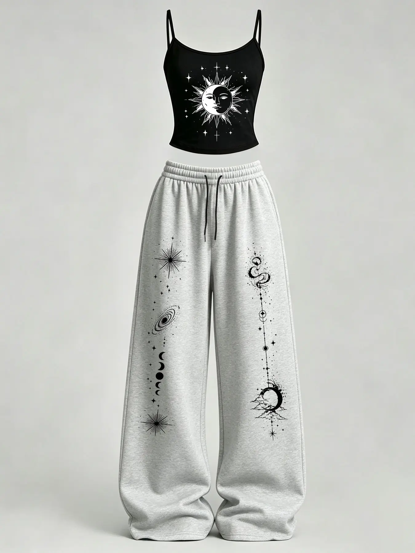 Women's Casual Slim-Fit Tank Top & Loose Pants Set, Y2K Gothic Starry Sky Print, Ideal for Daily Commute, Streetwear, Campus, Home Relax, Clothes