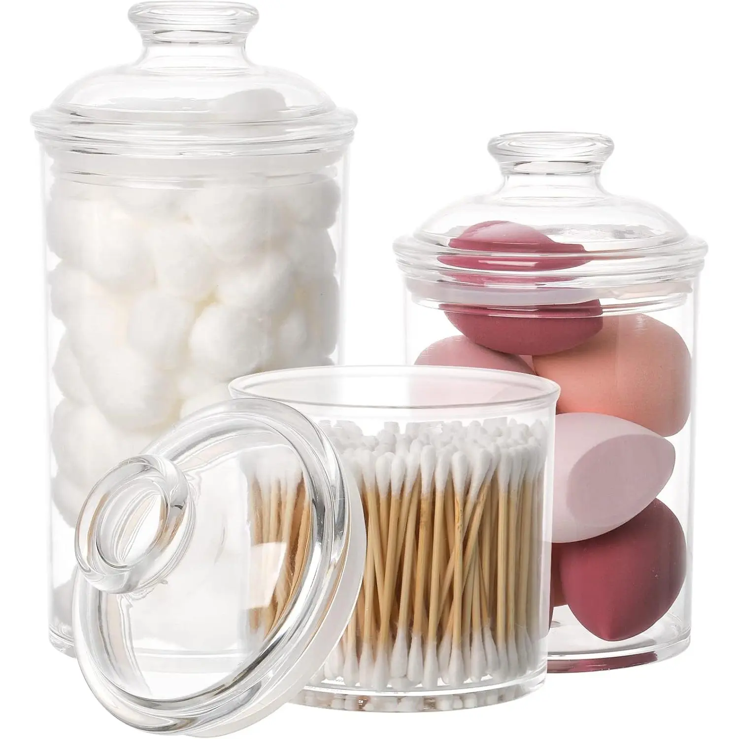 Set of 3 Acrylic Apothecary Jars, Vanity Organizer Canister with Airtight Lids, Bathroom Cotton Swab Holder, Clear Storage Jar for Candy, Bath Salt, Cotton Ball, 34 oz, 25 oz, 17 oz