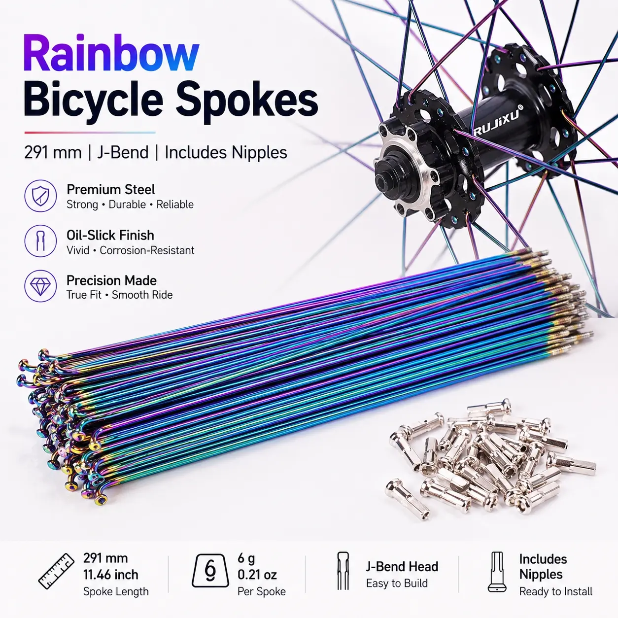 10pcs MTB Oil Slick Rainbow Stainless steel Bike Spokes for 26” 27.5” 29” Wheel Rim,MTB Spokes、Oil Slick Spokes、Rainbow Bike Spokes、Wheel Rim Spokes,Bike Parts,Bike Accessory,Bicycle Accessories