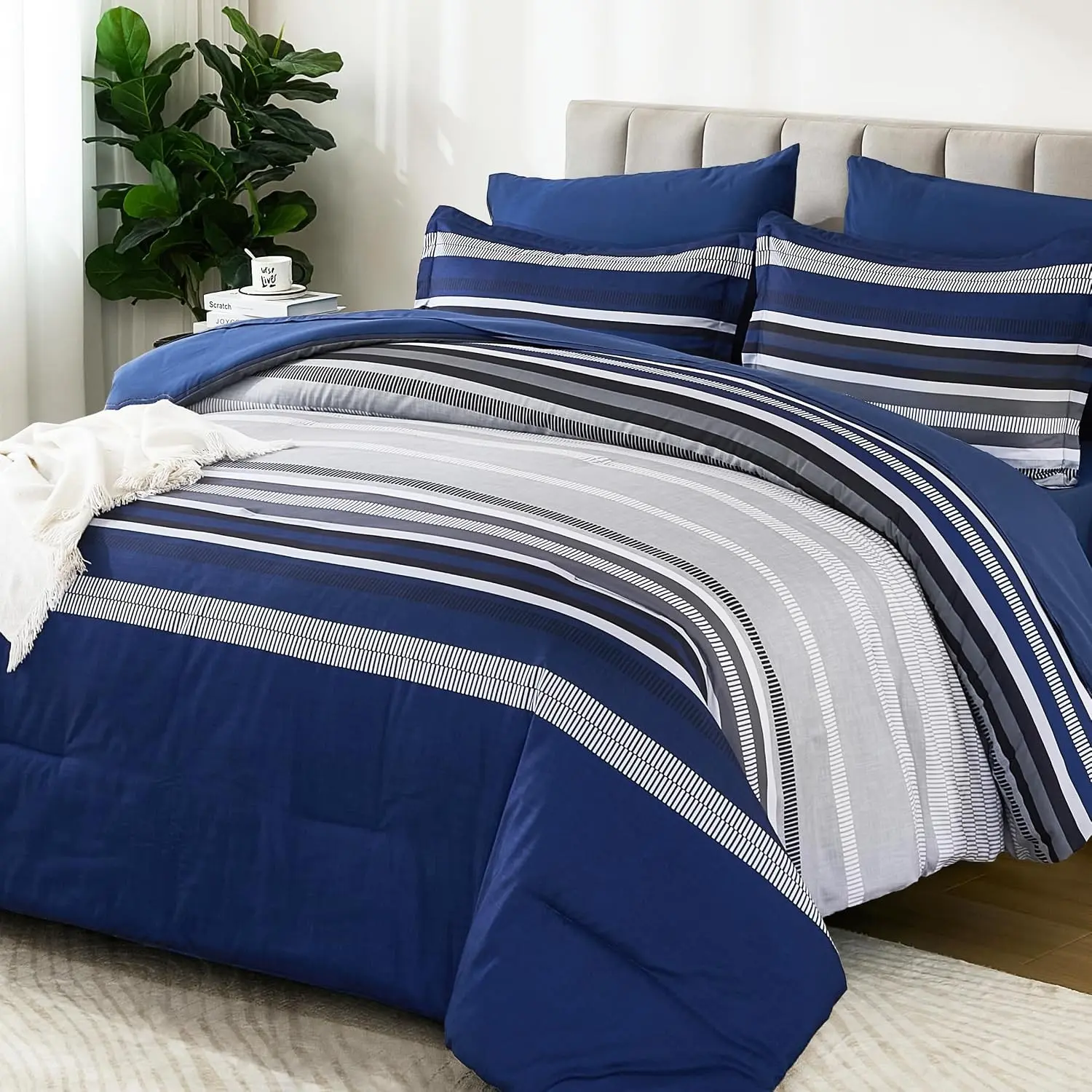 Navy Blue Comforter Full Size Set 7 Pieces, Boho Striped Bed in a Bag Full Soft Microfiber All Season Bedding Set with Comforter, Sheets, Pillowcases & Shams