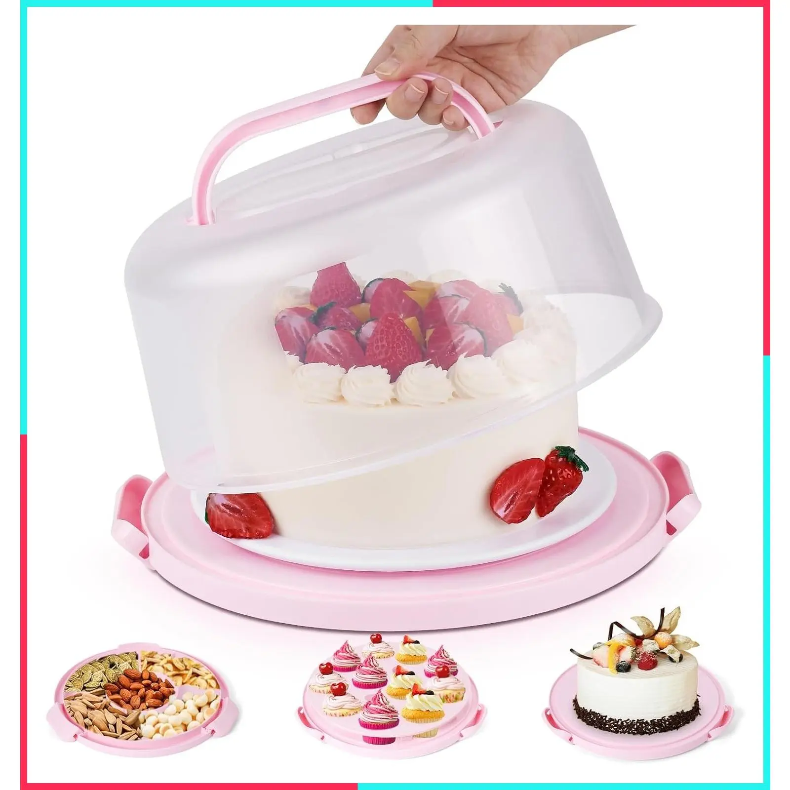 BPA-Free 10 Inch Cake Carrier with Lid and Handles - Plastic Cake Holder for Cupcakes, Pies, Nuts, Fruit, Storage & Transport, Perfect Gift