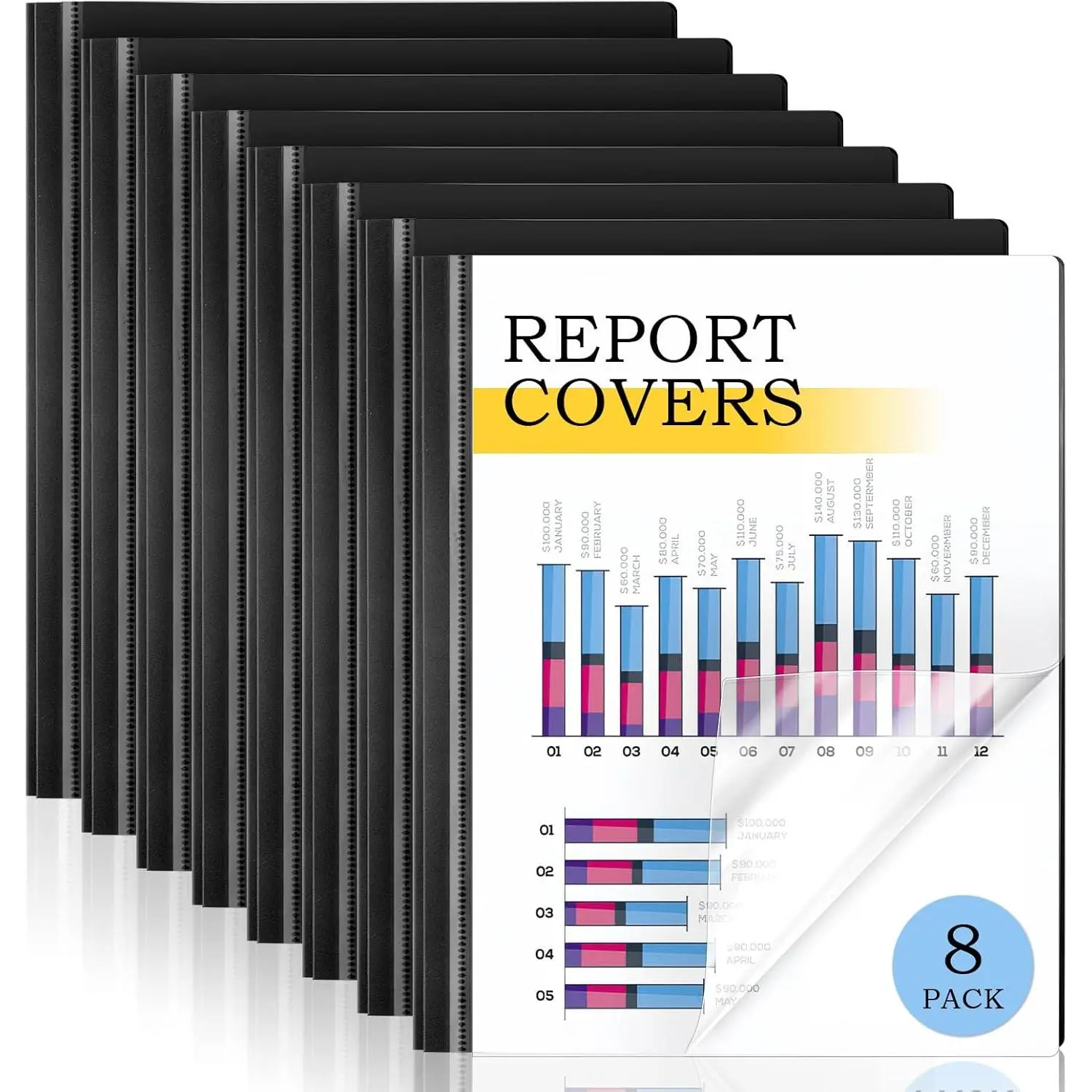 8 Pack Report Covers with 3-Prong Fasteners, Presentation Folders for A4 and Letter Size Paper, Clear Front Report Covers Binder Bulk for School Business, 100 Sheet Capacity