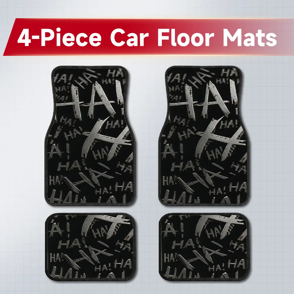 4PCS Halloween Grunge Graffiti Print Car Floor Mats - Black HAHA Text, Distressed Silver Metallic Laugh Word, Sturdy Edges, Wear-Resistant Easy-Clean Carpet Liners, Anti-Slip Standard Fixed Size, Gothic Streetwear Lovers' Edgy Decor for Sedan SUV Truck, D