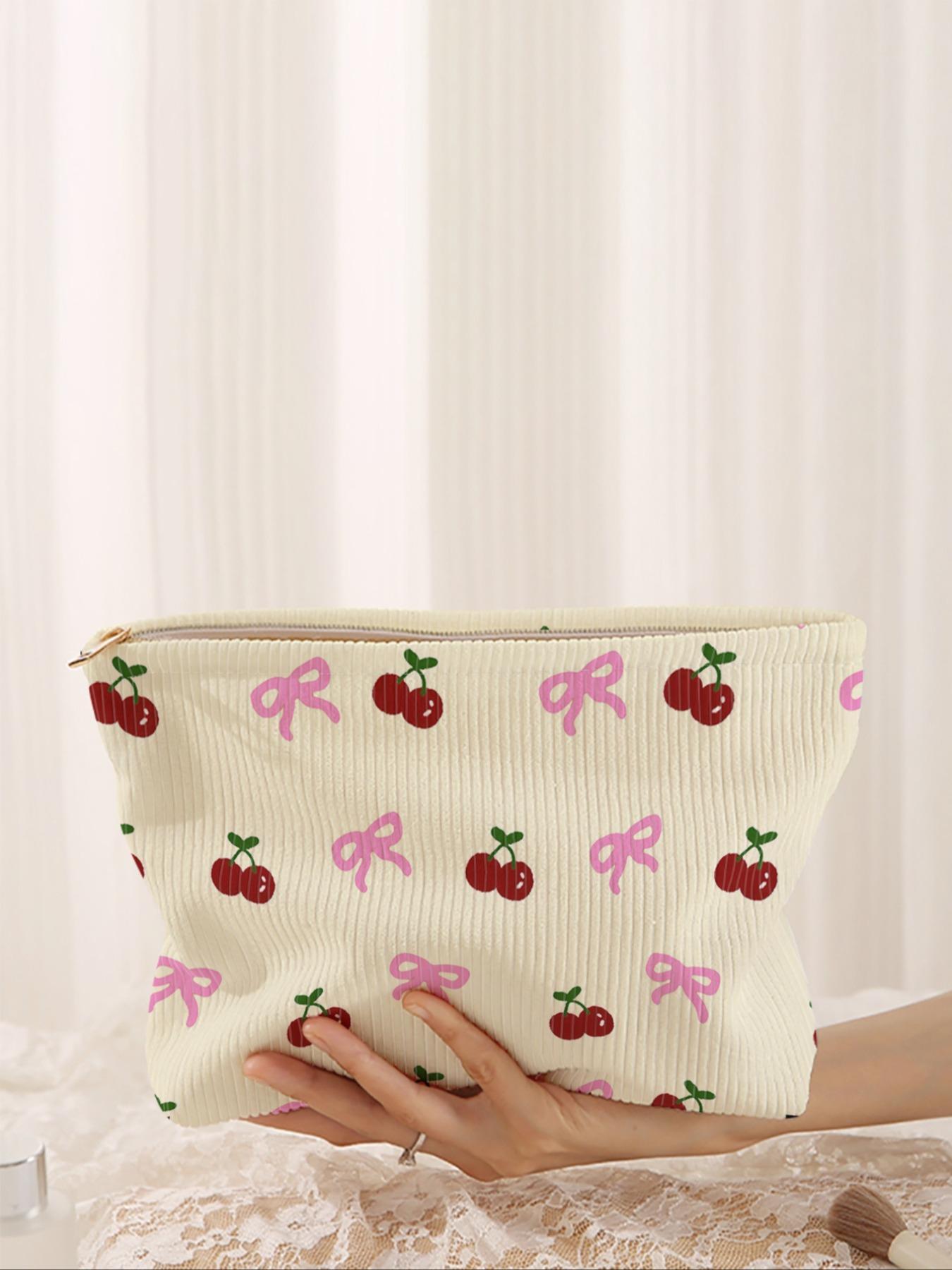 Cherry & Bow Pattern Makeup Bag, Lightweight Multi-functional Fashion Makeup Bag, Casual Travel Makeup Bag, Suitable for Leisure Travel and Various Occasions, Travel Cosmetic Bags, Makeup Pouch, Makeup Organizer Pouch, Travel Essentials, Travel Beauty Bag