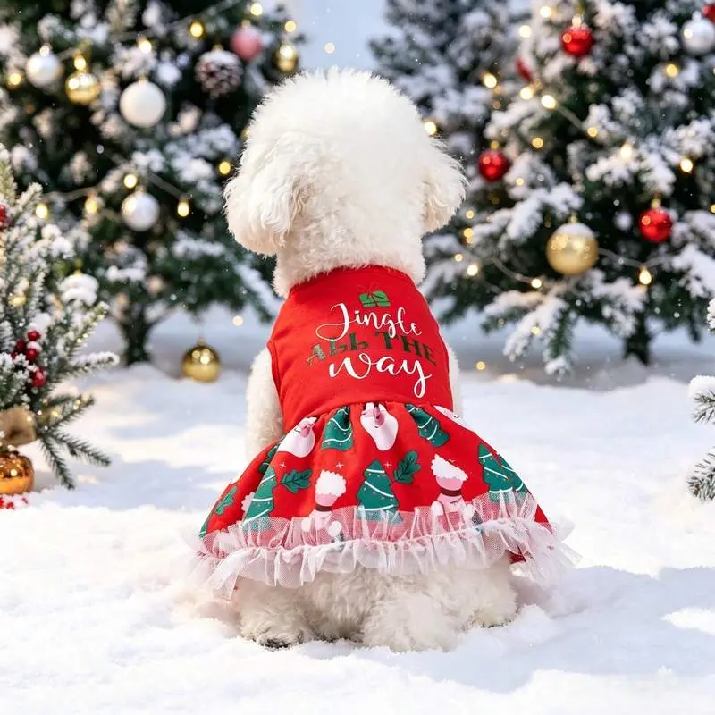 Christmas Dog Dress Pet Clothes, Cat Girl Apparel Outfit Princess Skirt, Cute Jingle All The Way Let It Snow Letter Print Tree Snowman Santa Tulle Lace Tutu, Winter Xmas Holiday Party Cosplay Dress Up Costume For Small Medium Large Dogs Cats Puppy
