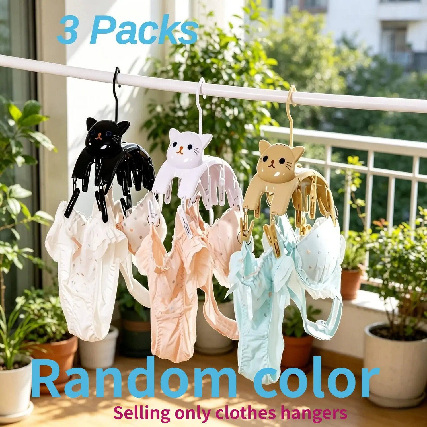 Pack of 3 (10 clips each): Cute Cat-Themed Windproof Hangers (Random Colors) – Thickened Multi-Clip Drying Rack for Underwear & Socks; Cartoon-Style Windproof Clip Rack for Indoor Home Use.
