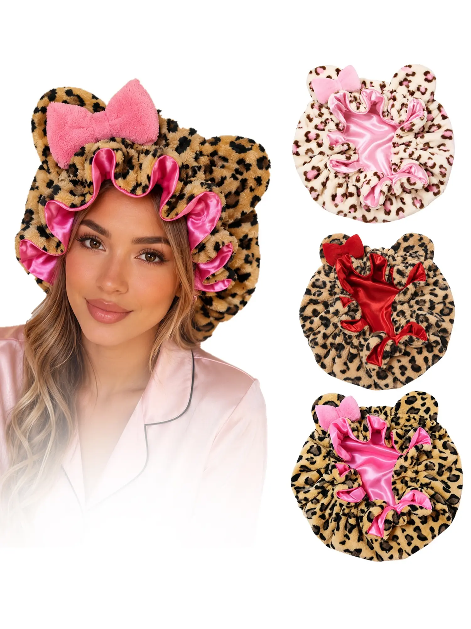 Women’s Hair Bonnet Hood, Leopard Print Pink Satin Lined Hair Wrap Cap, Soft Sleep Bonnet For Curly Hair, Braids, Natural Hair And Night Hair Care
