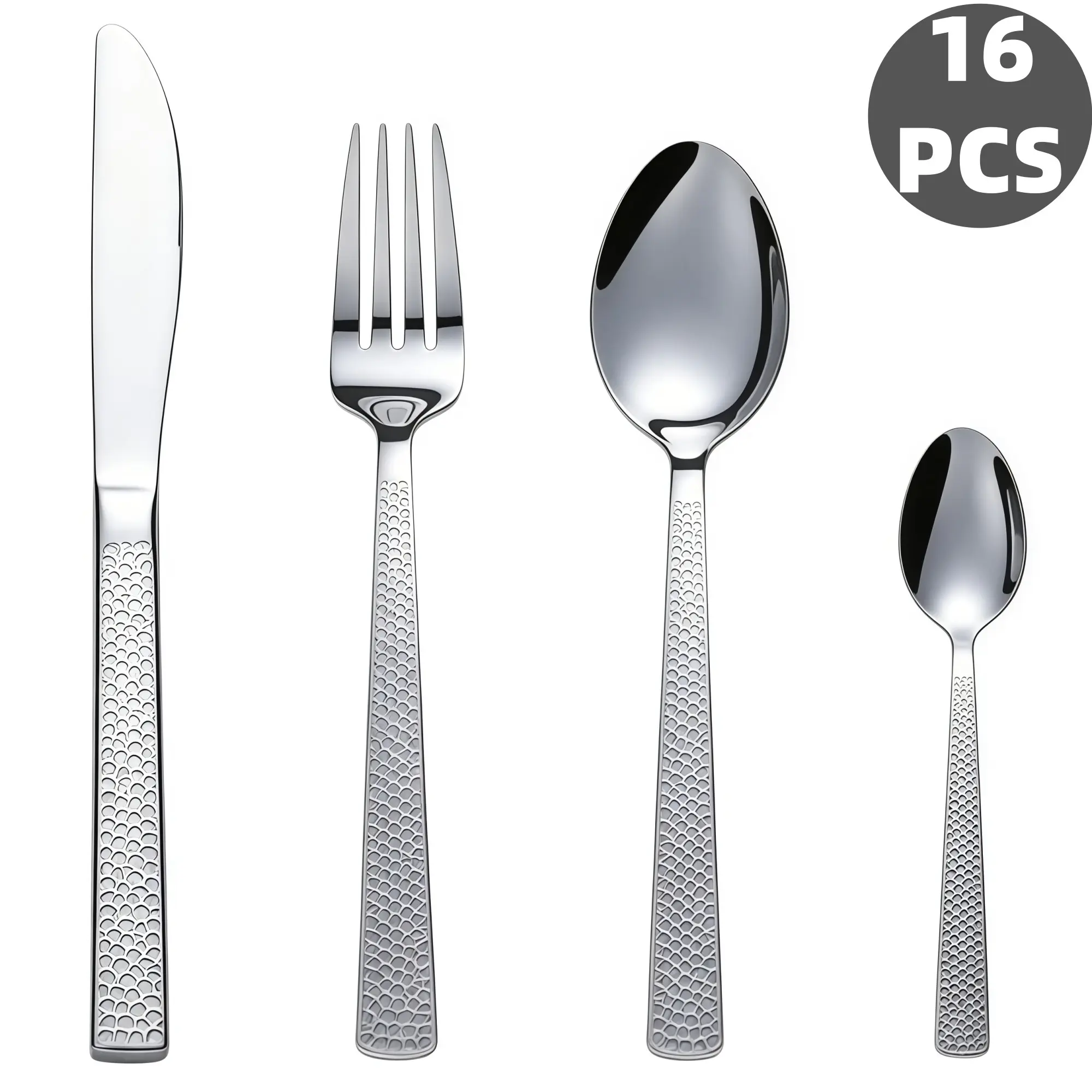 16Pcs Hammered Scale Textured Stainless Steel Tableware Cutlery Set, Mirror Polished Silverware Flatware, Rustproof Dishwasher Safe, Ideal for Home Kitchen, Family Meals, Apartment & Holiday Gifts, Tableware Sets
