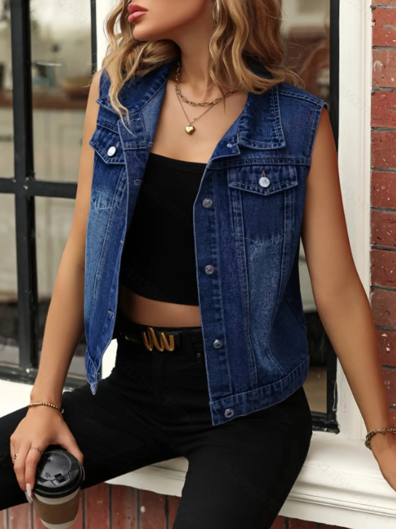 Plus Size Classic Washed Denim Vest for Women, Denim Waistcoat, Lapel Sleeveless Front Button Loose Fit Denim Tank Top, Daily Casual Streetwear Fashion