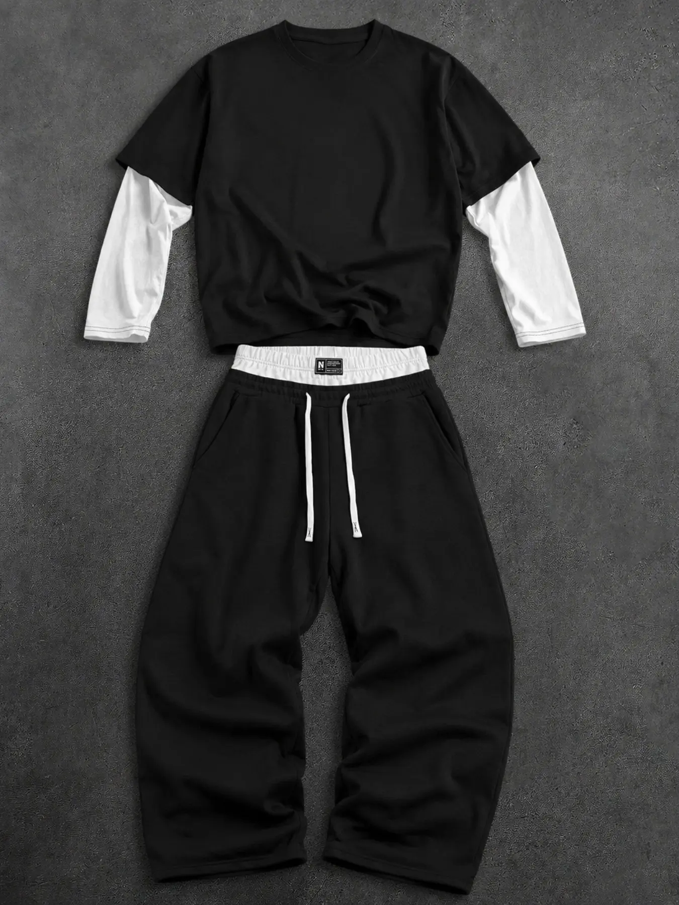 Men's Oversized Layered Long Sleeve T Shirt Set Baggy Wide Leg Sweatpants 2 Piece Outfit Streetwear Y2K Casual Loose Fit Unisex Everyday Outfit Soft Cotton Fashion