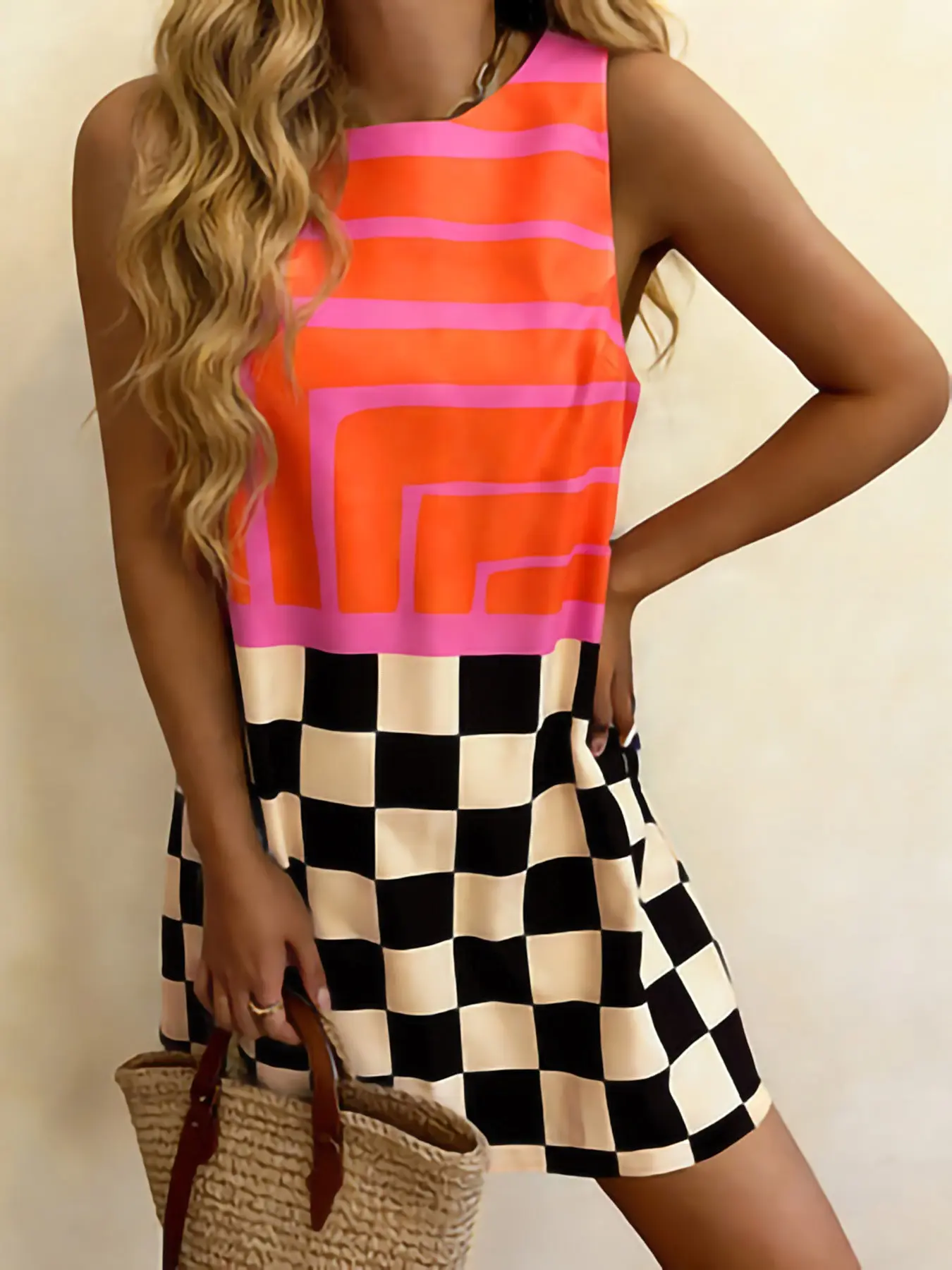 Women's Plaid Patchwork Casual Chic Sleeveless Dress, Casual Everyday Wear, Elegant Feminine Design, Suitable for Spring and Autumn Seasons, Daily Wear, Casual Dresses