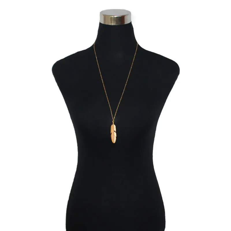 Vintage Engraved Feather Pendant Long Sweater Necklace Thin Cable Chain Minimalist Bird Wing Layering Long Chain Gold Silver Two Tone for Women