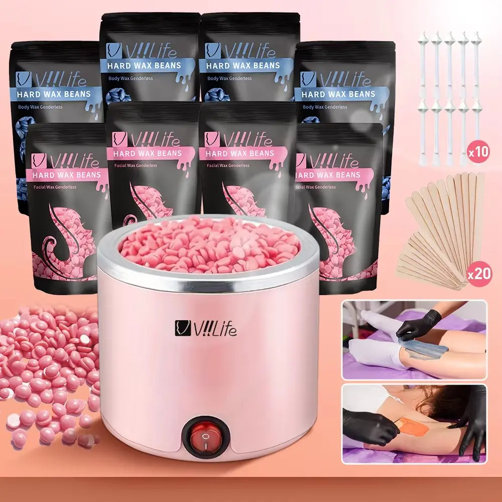 Viilife Wax Heating Kit, Wax Heater with 8 Packs Wax Beans, 10 Nose Hair Wands, 20 Applicators, Hair Removal for Face, Bikini, Legs, Unisex, Waxing Beads