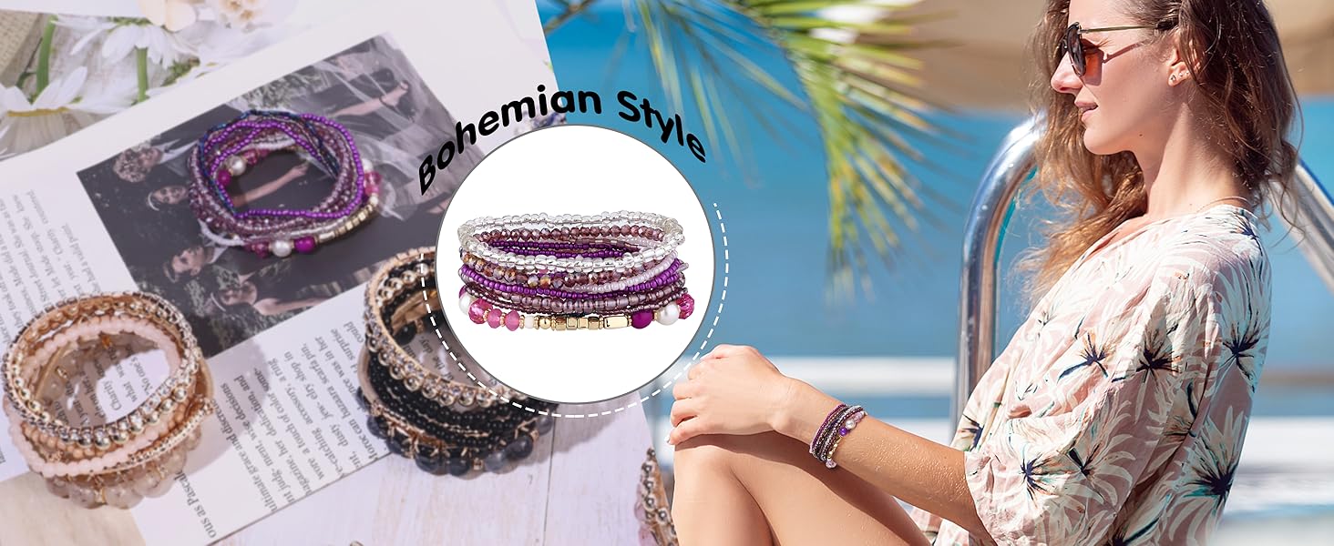 Loyallook 6 sets bohemian stackable bead bracelets for women stretch bohemian style stretch multilayered boho bracelet set