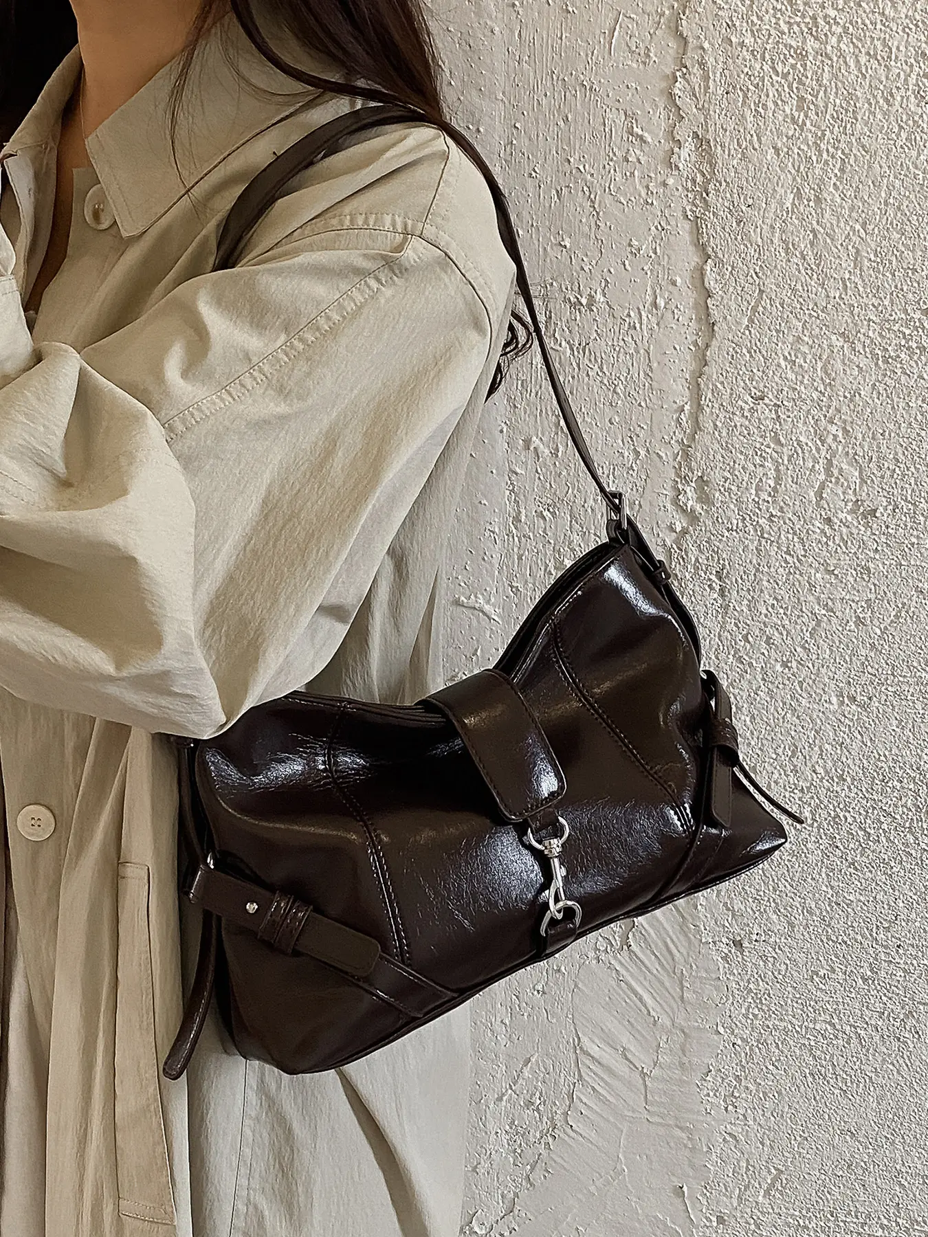 1pc Vintage Leather Shoulder Bag, Retro Moto Horsebit Hobo Purse, Metal Buckle Flap & Side Strap Detail, Ideal for Women Trendy Daily Outfits & Casual Street Style
