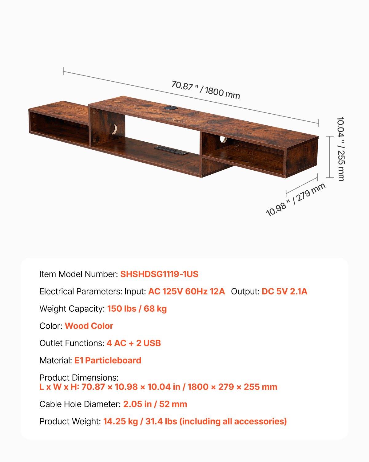 VEVOR Floating TV Stand, 70" Wall Mount Entertainment Center with Power Outlet & Cable Hole, Modern Floating TV Shelf with Storage Cabinet for DVD Player, Cable Box, Game Console, TV Accessory, Wood VEVOR Floating TV Stand, 70" Wall Mount Entertainment Center with Power Outlet & Cable Hole, Modern Floating TV Shelf with Storage Cabinet for DVD Player, Cable Box, Game Console, TV Accessory, Wood