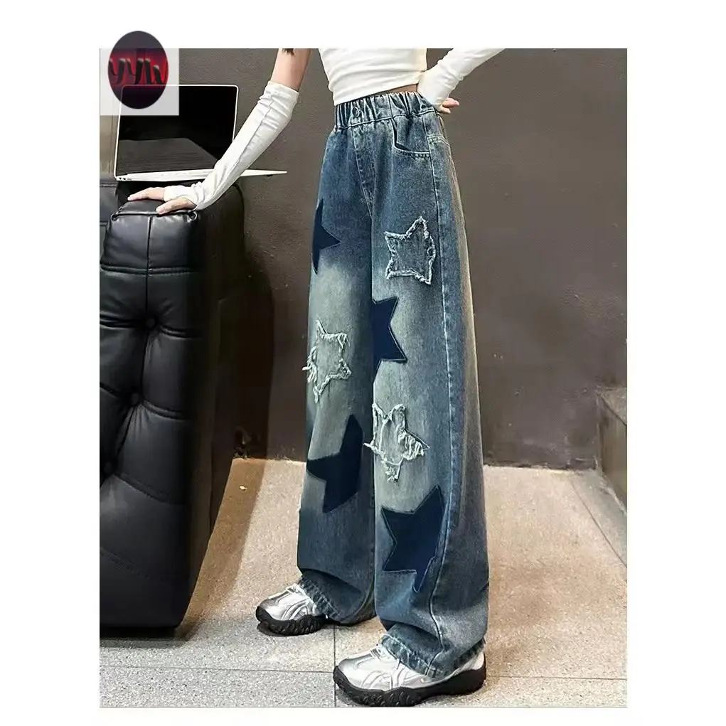 YYW1 [School Ready] Girls' Y2K Star-Patterned Wide-Leg Jeans - Comfy Loose Fit with Elastic Waistband, Versatile All Seasons & Occasions, Ages 8-15,