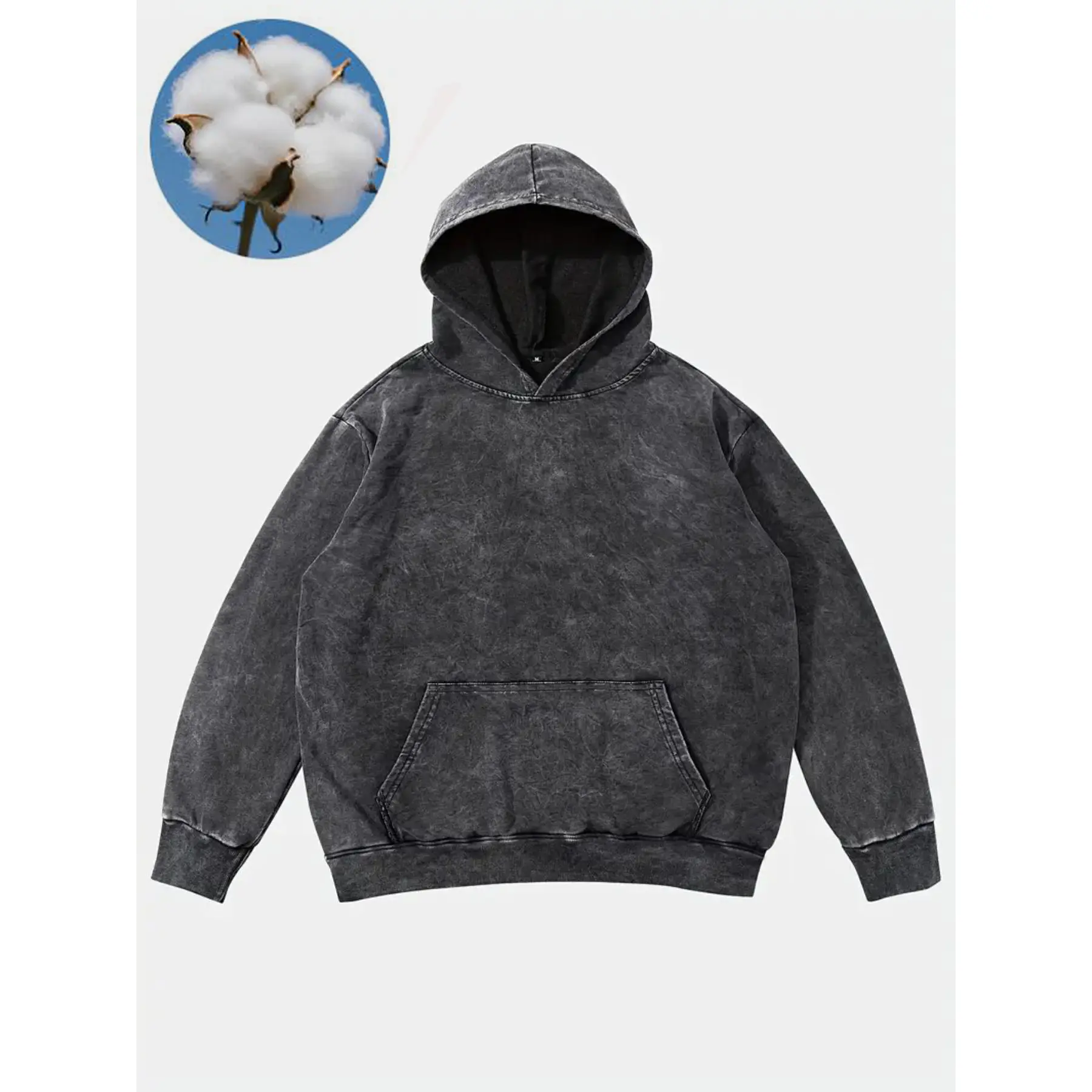 Vintage washed cotton hooded sweatshirt with classic kangaroo pocket and ribbed cuffs, loose relaxed heavyweight cotton fabric faded textured casual silhouette timeless streetwear staple for laid-back modern mensfashion styling