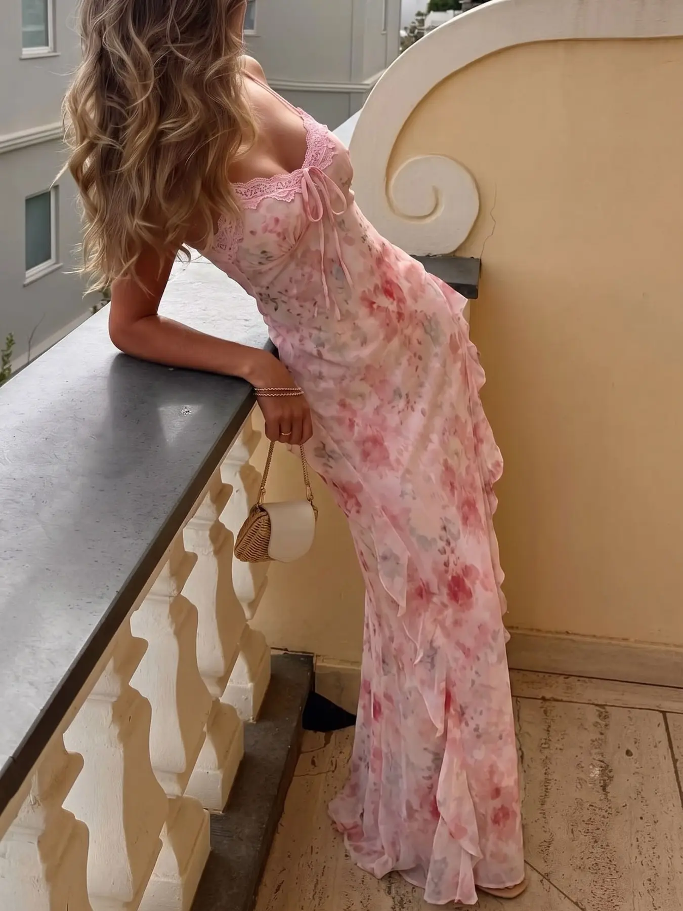 Women Romantic French Feminine Maxi Dress Watercolor Pink Floral Print Lace Trim Spaghetti Strap Front Tie Ruched Waist Side Cascading Ruffle Flowy Chiffon Mermaid Hem Long Dress For Beach Holiday Date Night